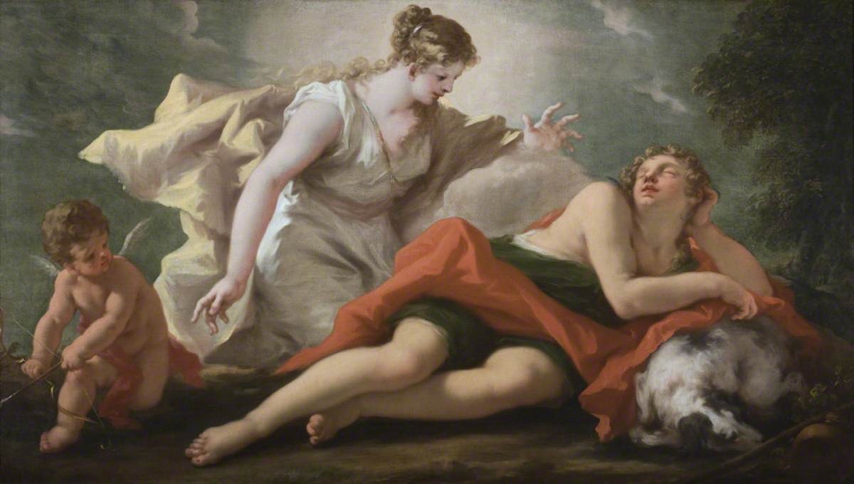 A woman closely watching a sleeping man as an infant angel readies his bow and arrow nearby