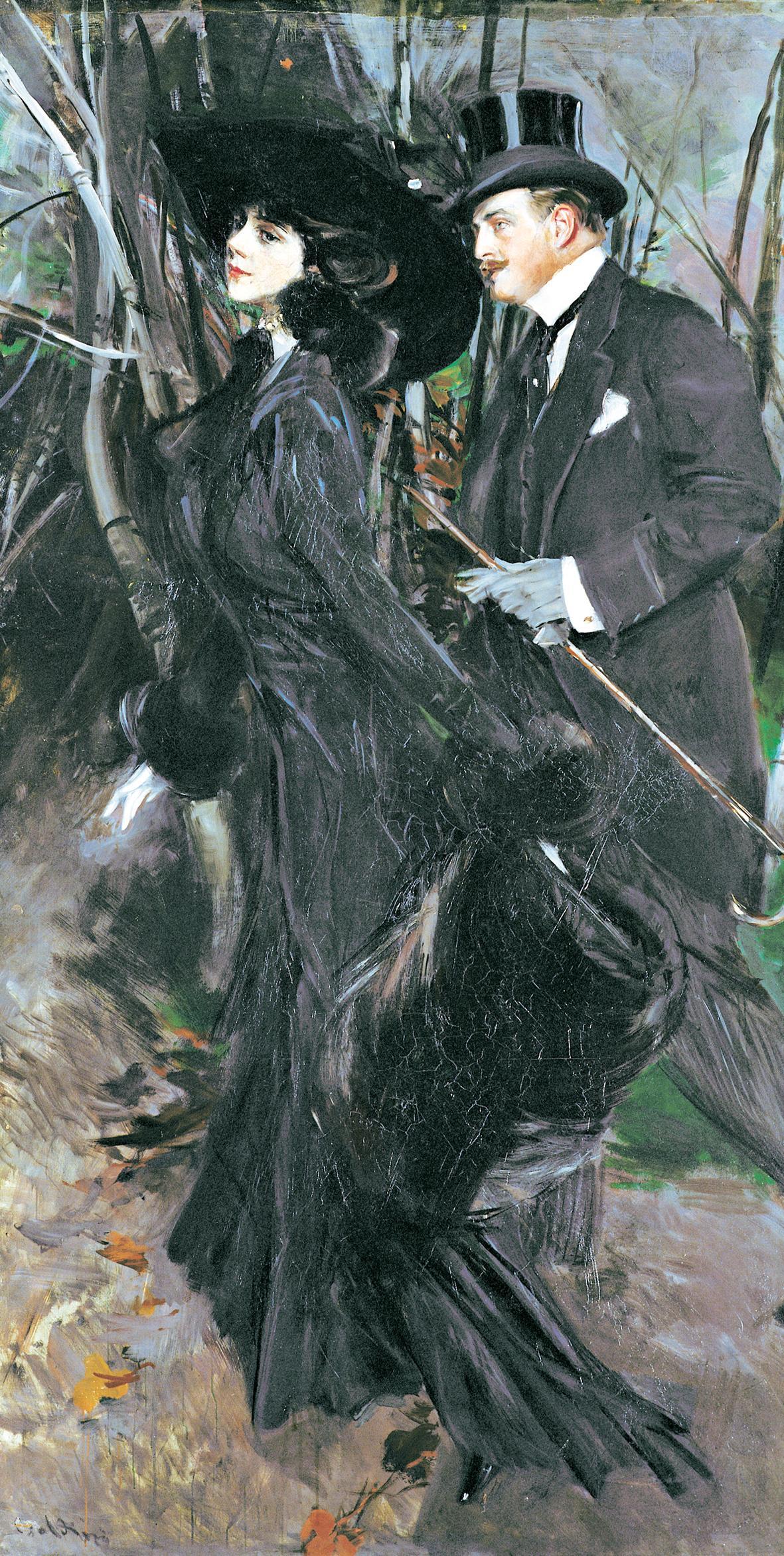 A man in a suit standing behind a woman in a dress in a thicket