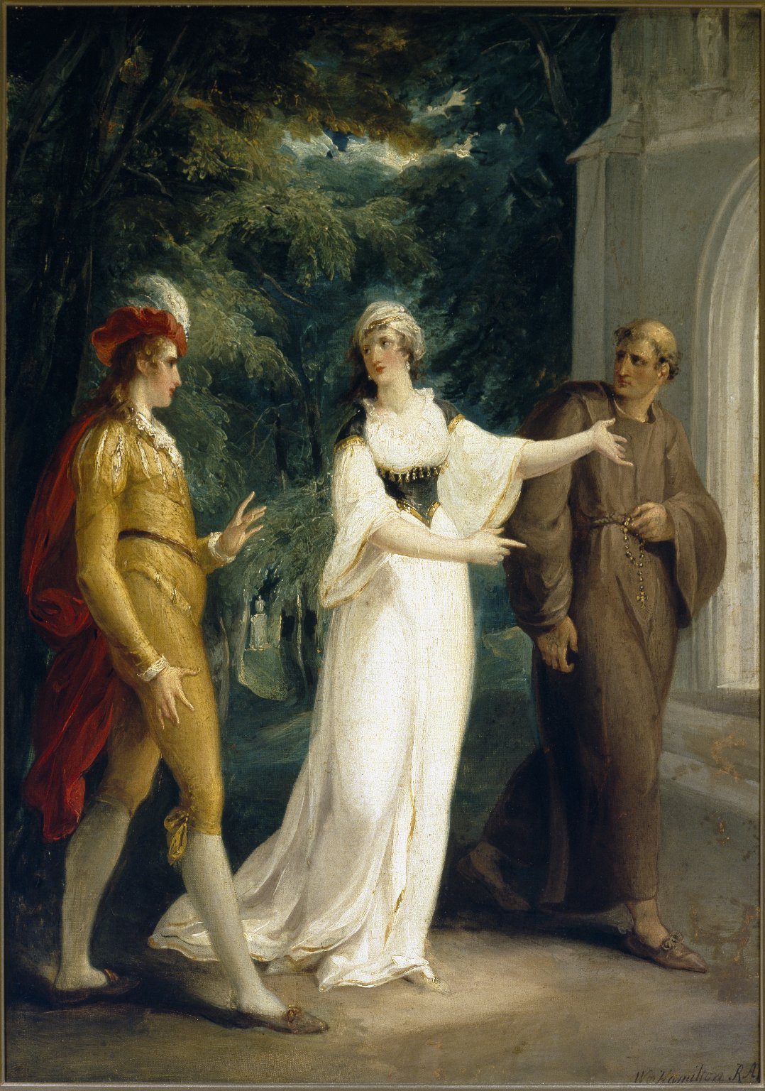 A woman stands between two men in the light of an entrance in front of a forested area.