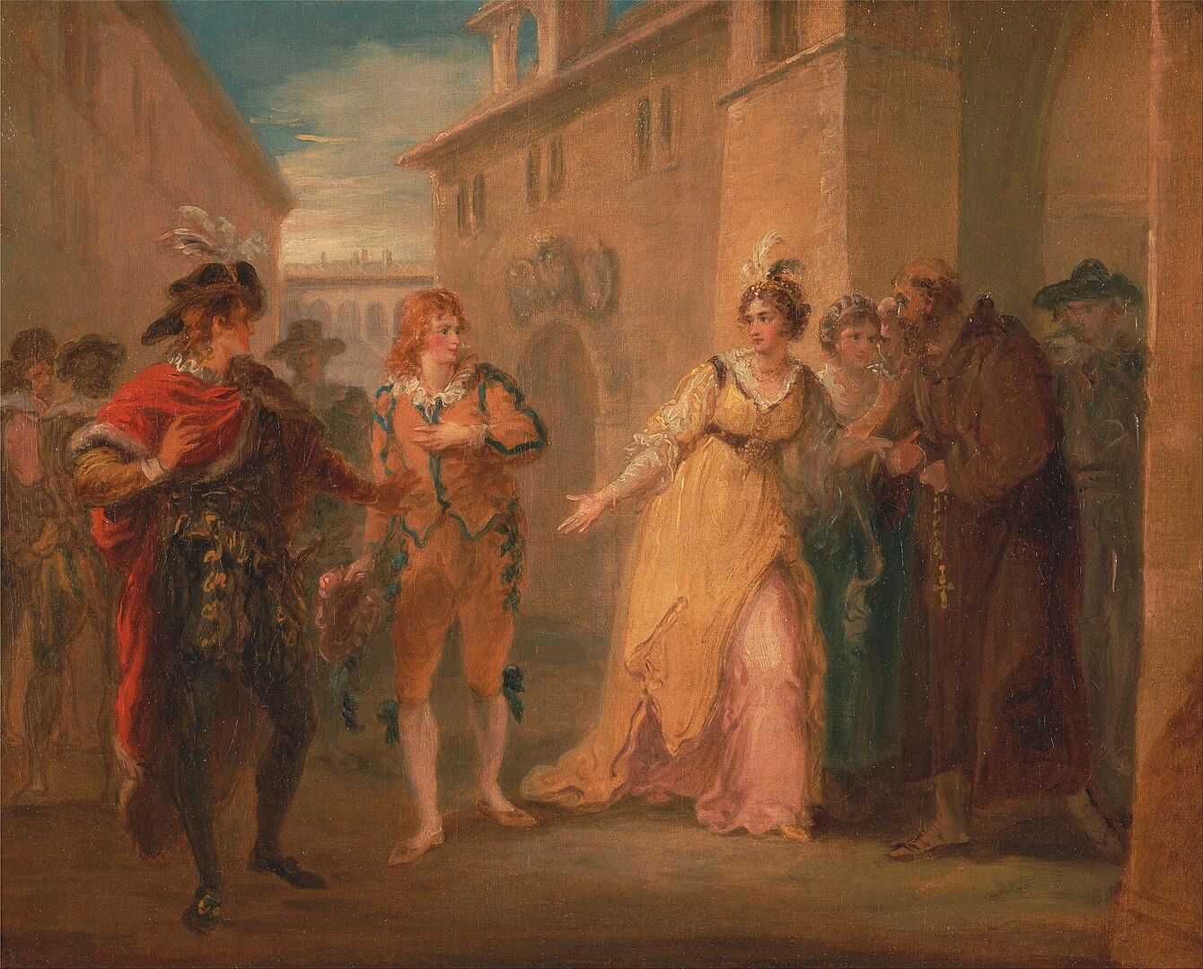 A scene depicting two groups of people standing towards each other in a corridor.