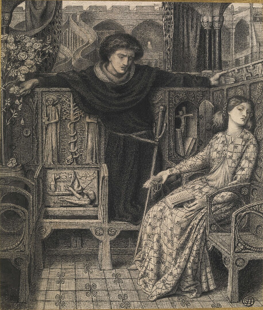 A man with his arms outstretched against the length of a far wall in looks down towards a woman who sits in a chair with a book in her lap while staring at the viewer.