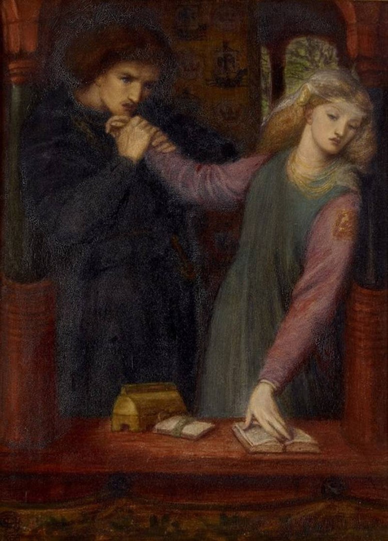 A man holds the hand of a woman who looks away towards the book she holds open on a table.