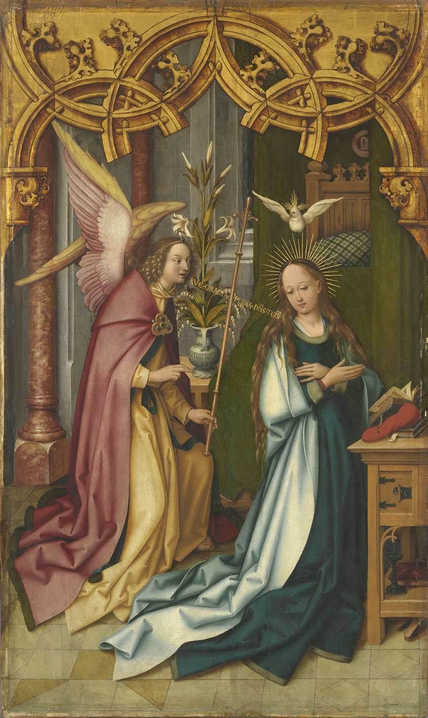 A winged angel uttering words to a woman with a dove and halo above her head in a bedroom