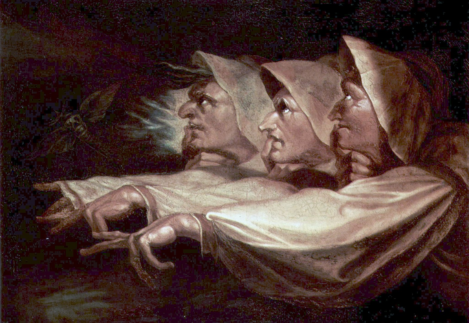 The profiles of three sisters dressed in hooded robes look upwards while pointing ahead with their index fingers.