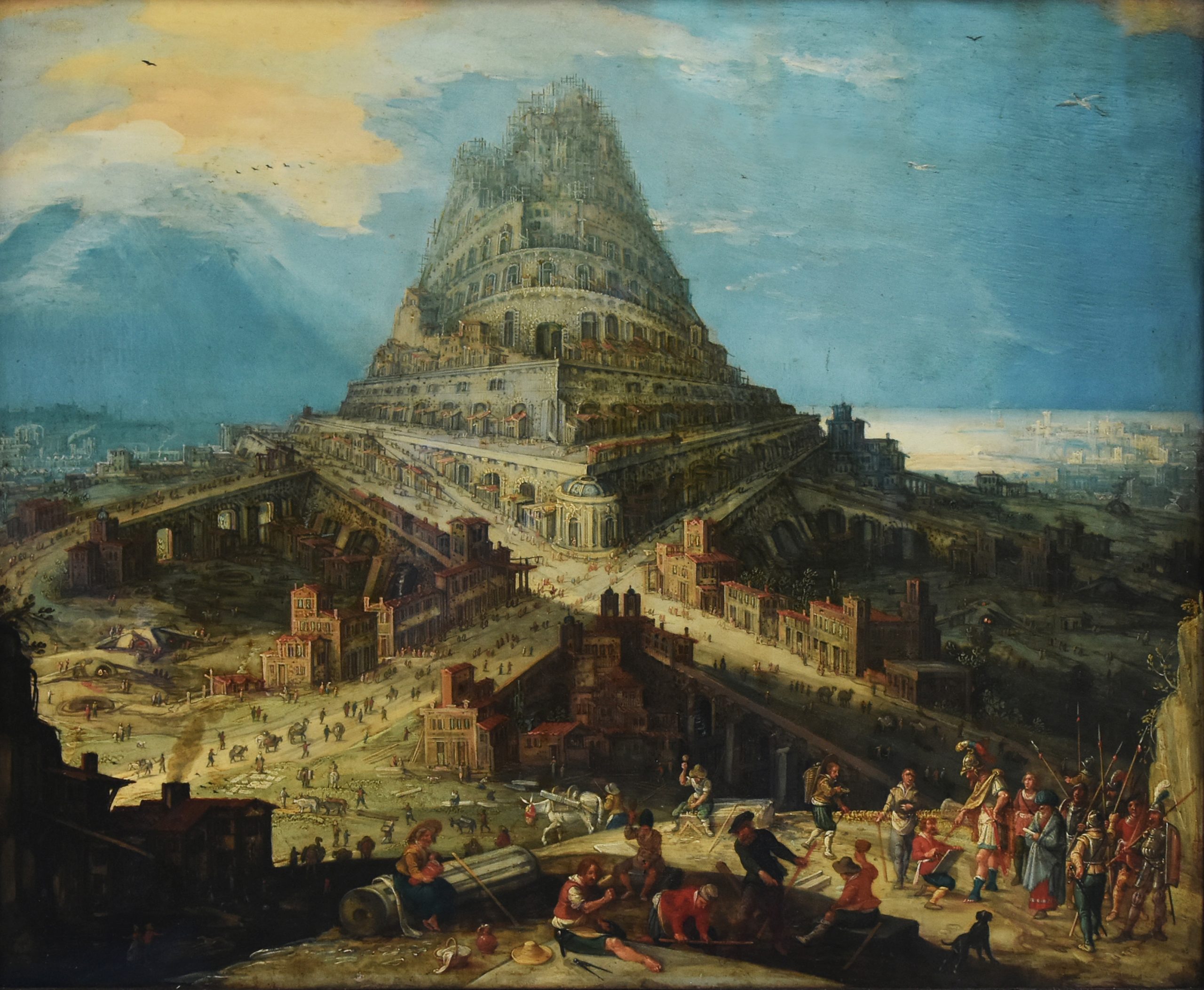 A landscape view of a colossal tower and its surrounding civilizations