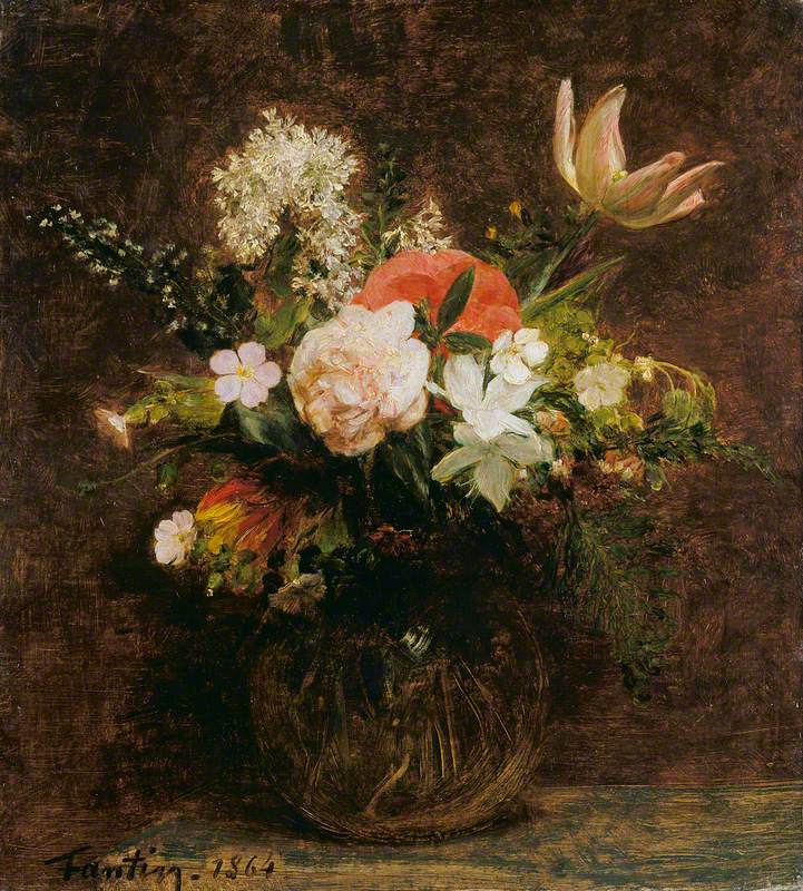A still-life of a vase with various flowers