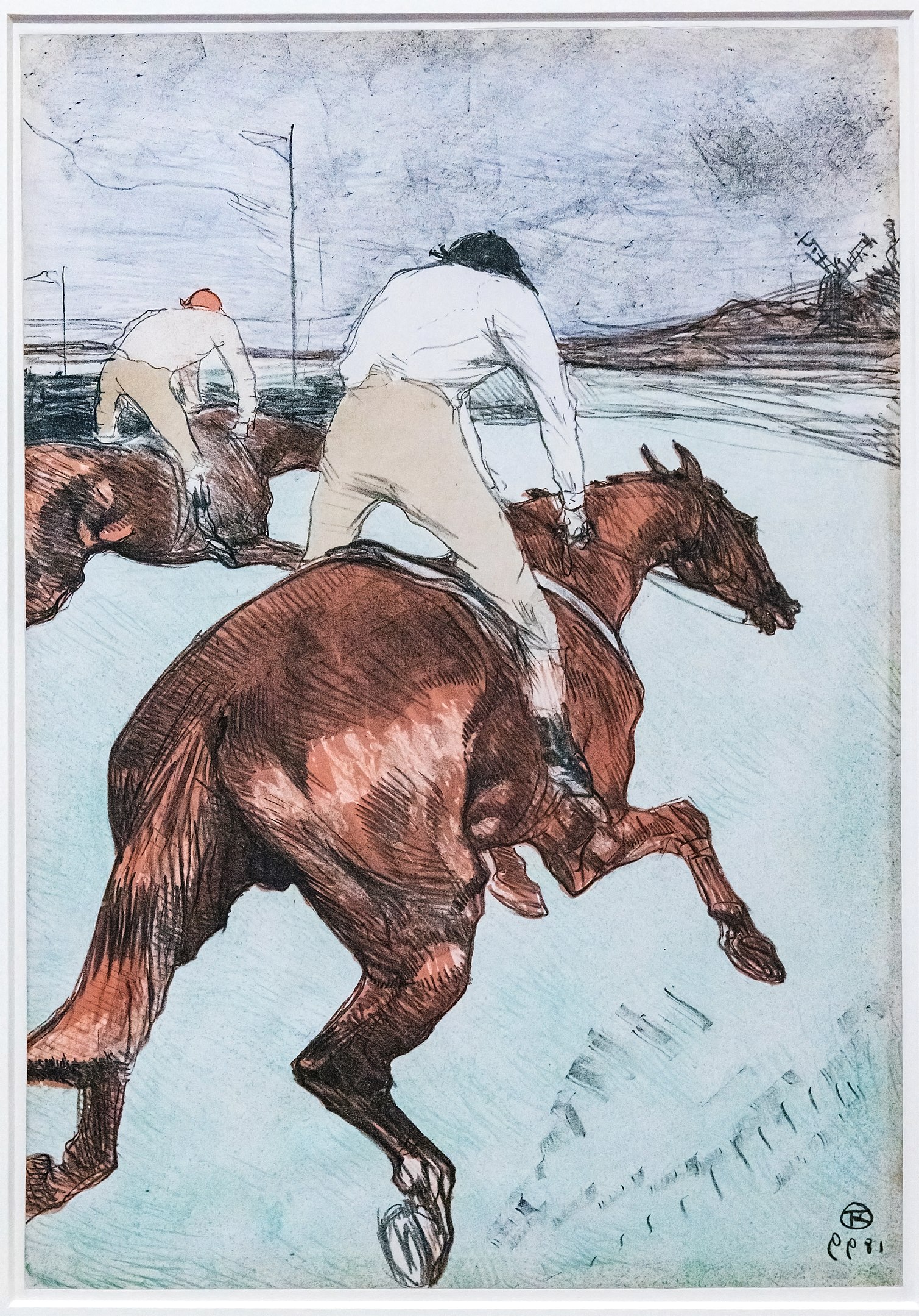 A man with his back turned towards the viewer riding on a horse alongside another man to his left