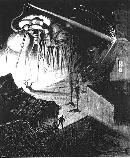 An illustration of mechanical monsters invading and attacking a city