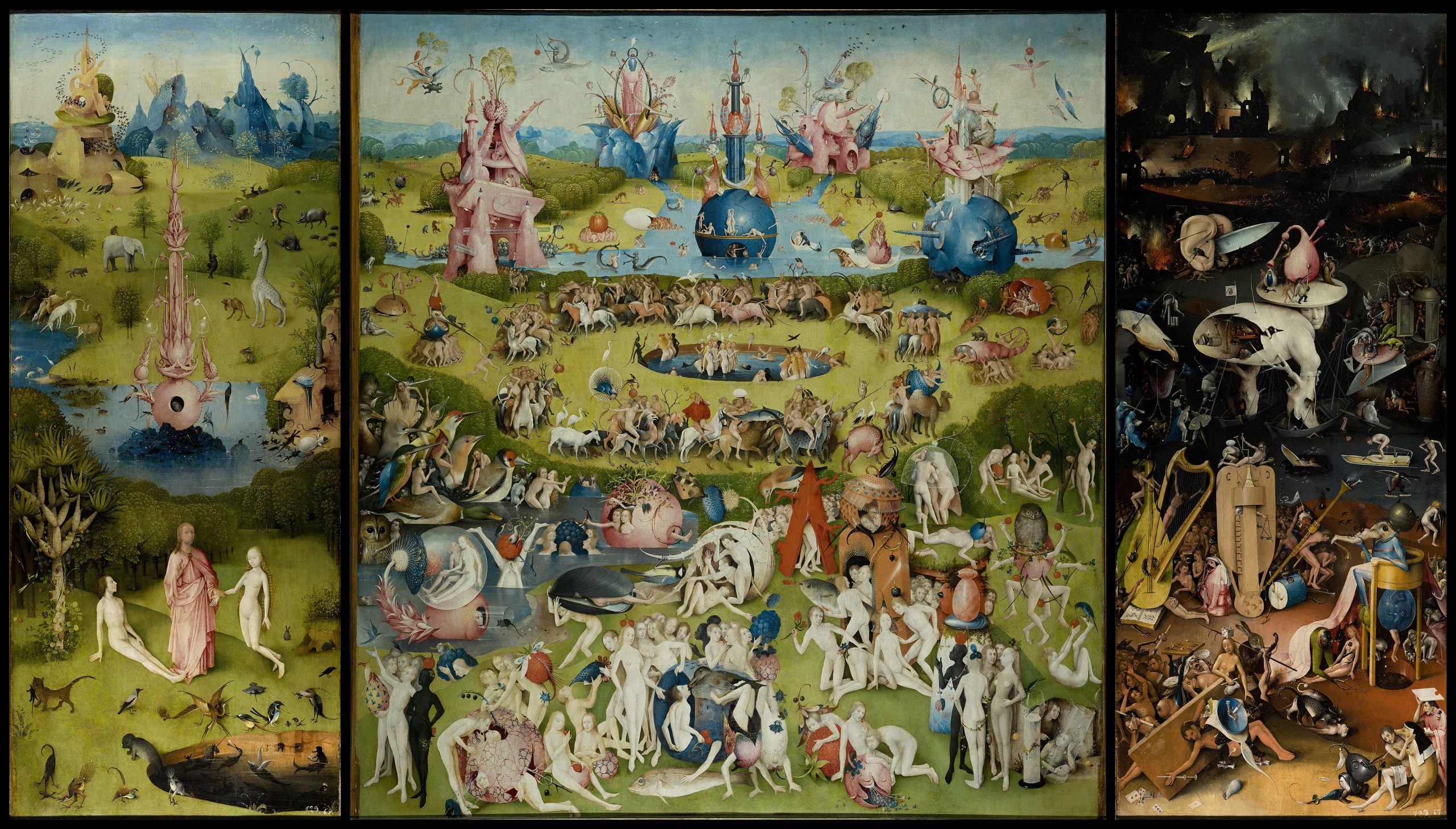 A massive triptych oil painting depicting earth, heaven, and hell with humans consumed by their carnal desires