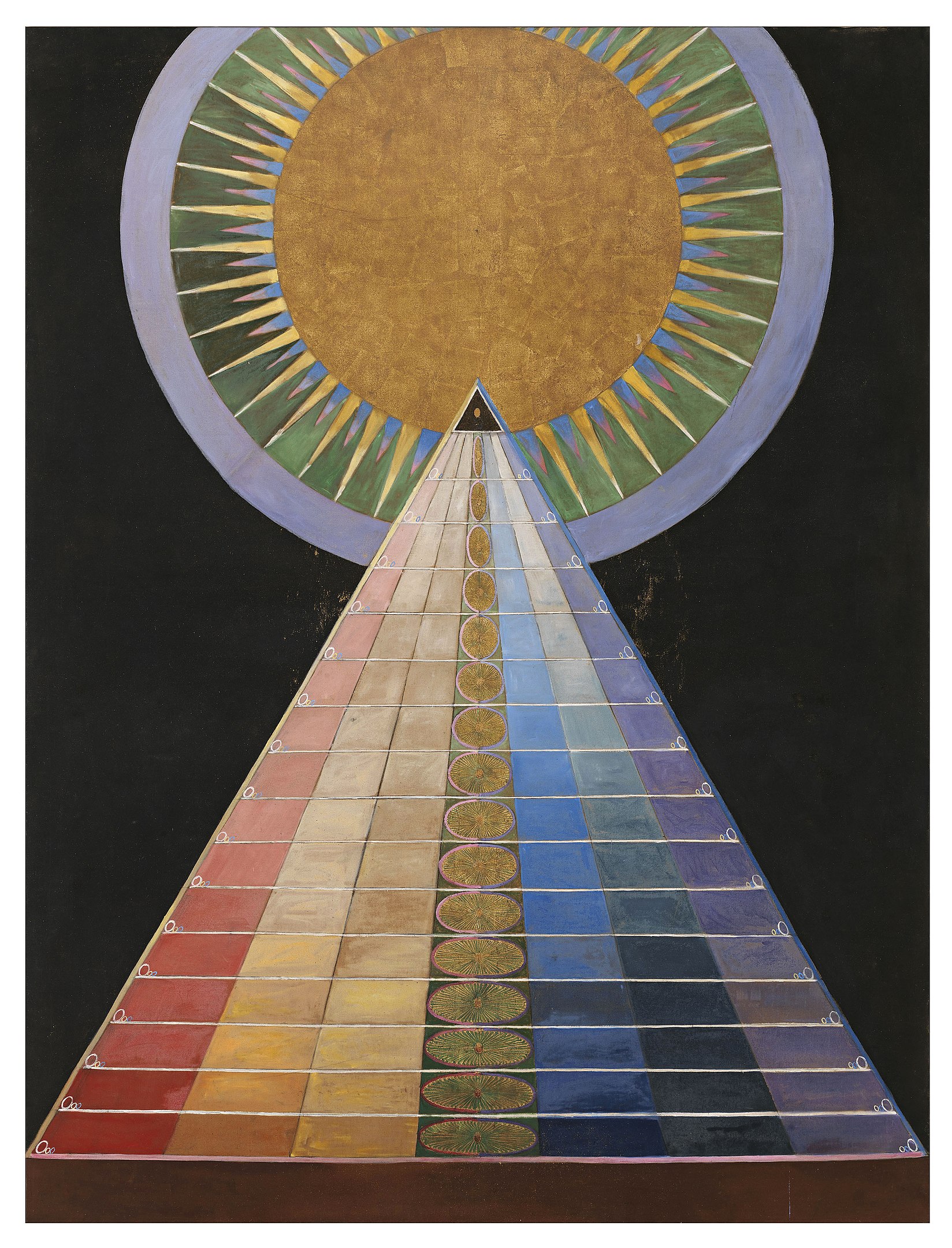 A triangle decorated with a colourful grid overlapping a circle with a design of the sun