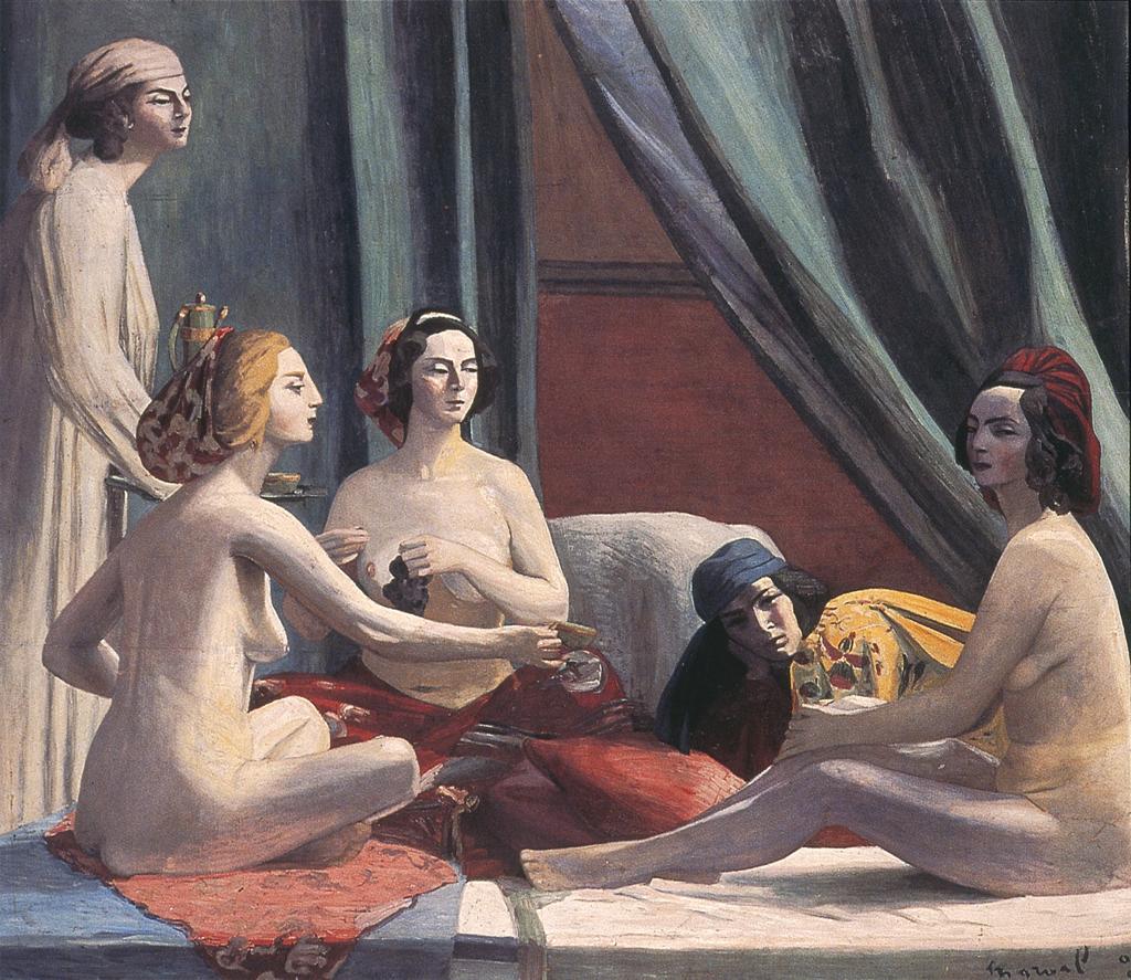 Five women, three seated nude, one standing fully clothed, and another resting her head on her hand conversing amongst one another in a room