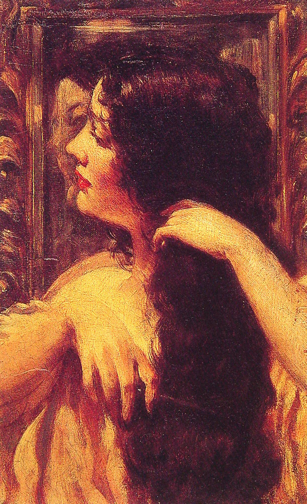 A portrait of a woman in side-view combing her hair