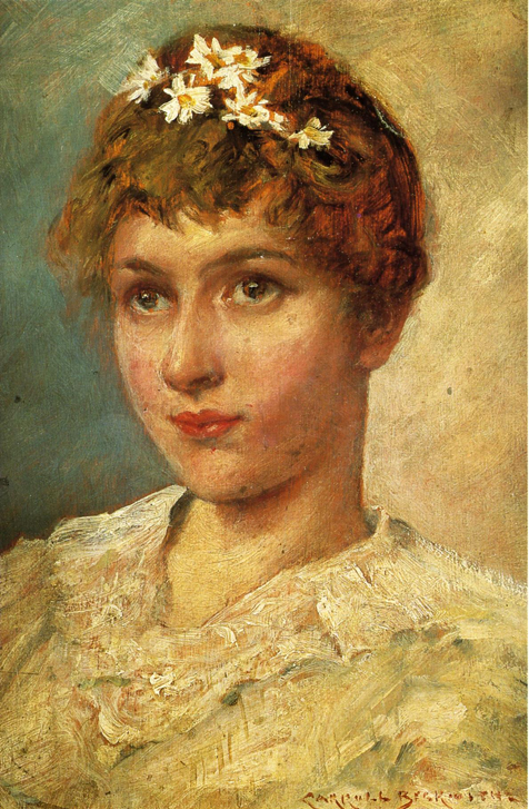 A portrait of a woman with daisies on her hair