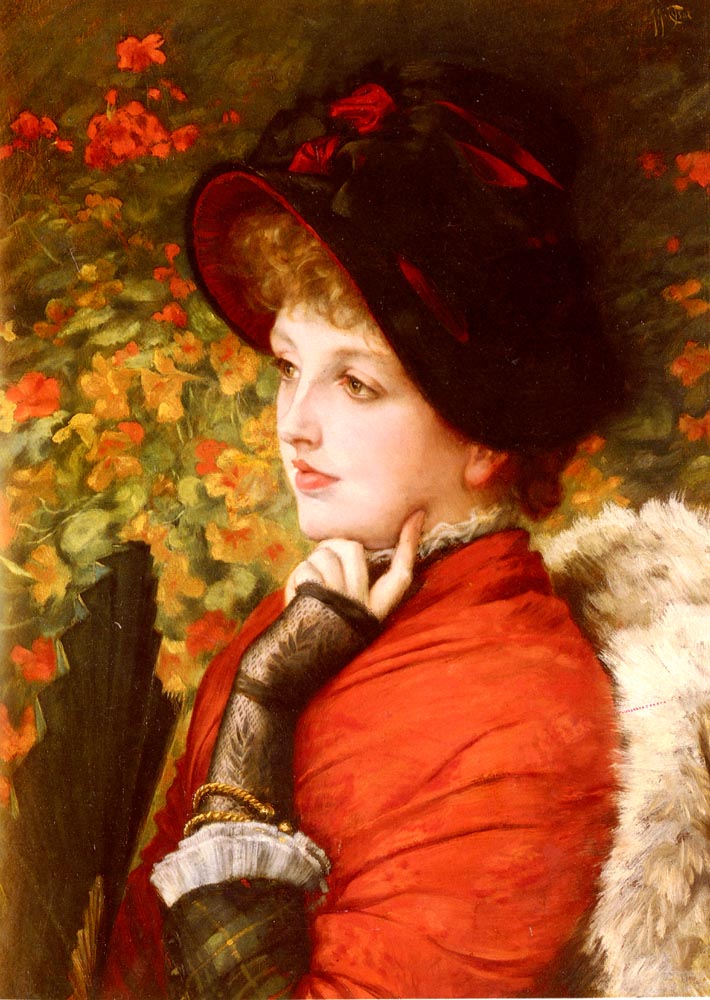 A portrait of a woman with her finger to her cheek