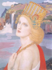 A woman in side-view wearing a headpiece while looking back at the viewer with a view of a waterfall in the background