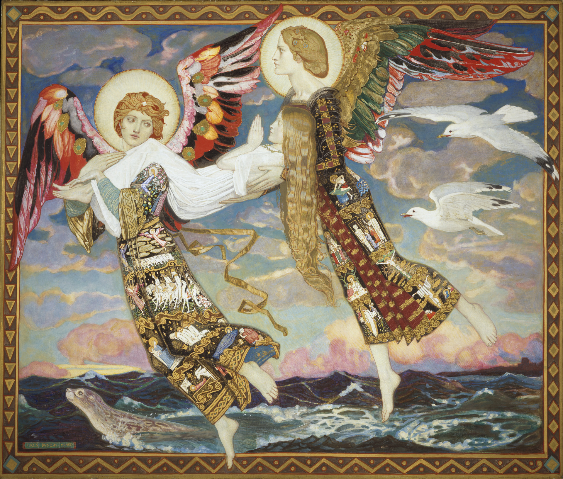 Two angels with halos carrying a girl praying while flying above the ocean with a colourful sky
