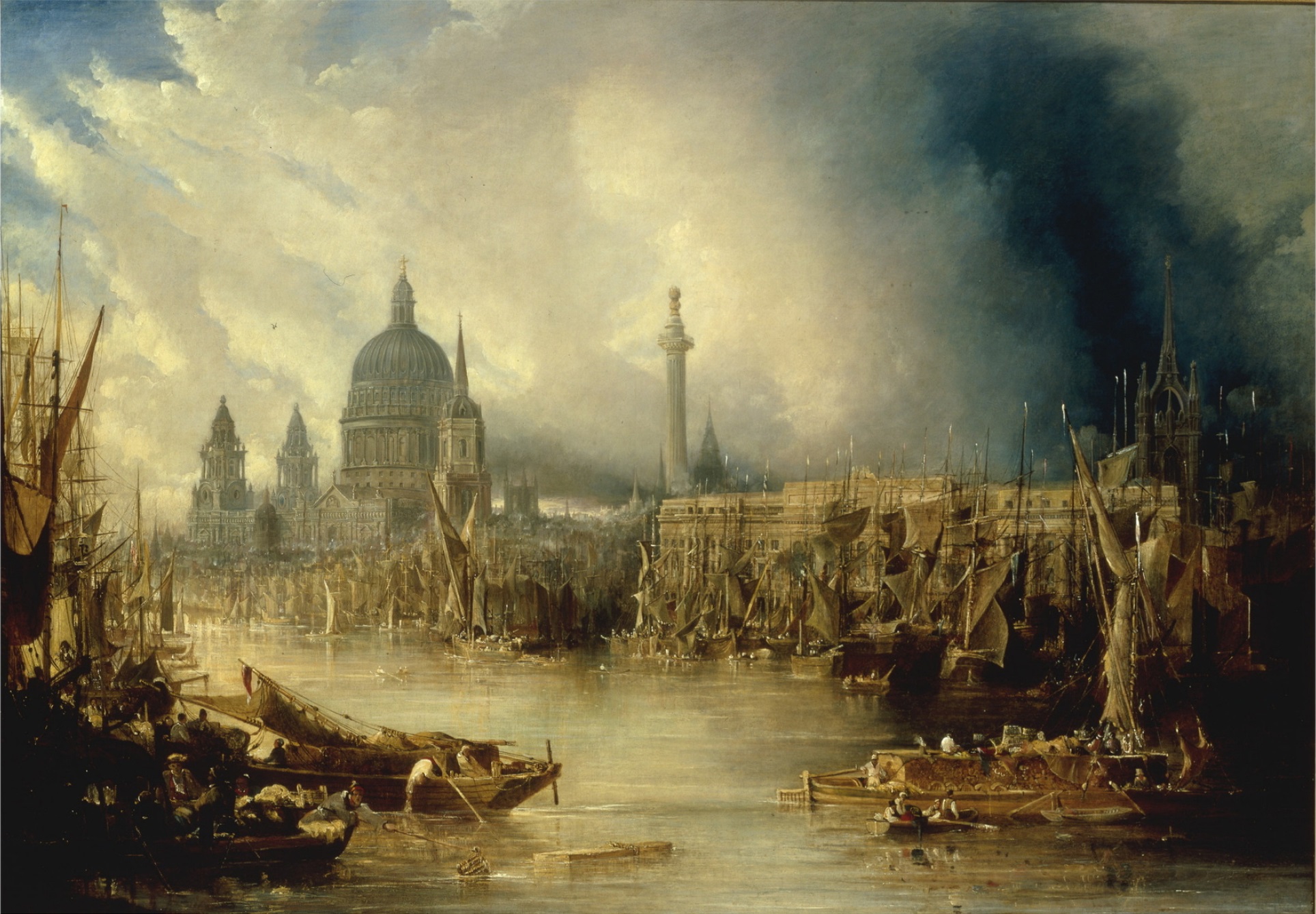 A landscape view of a city with a river full of boats and a cathedral in the background