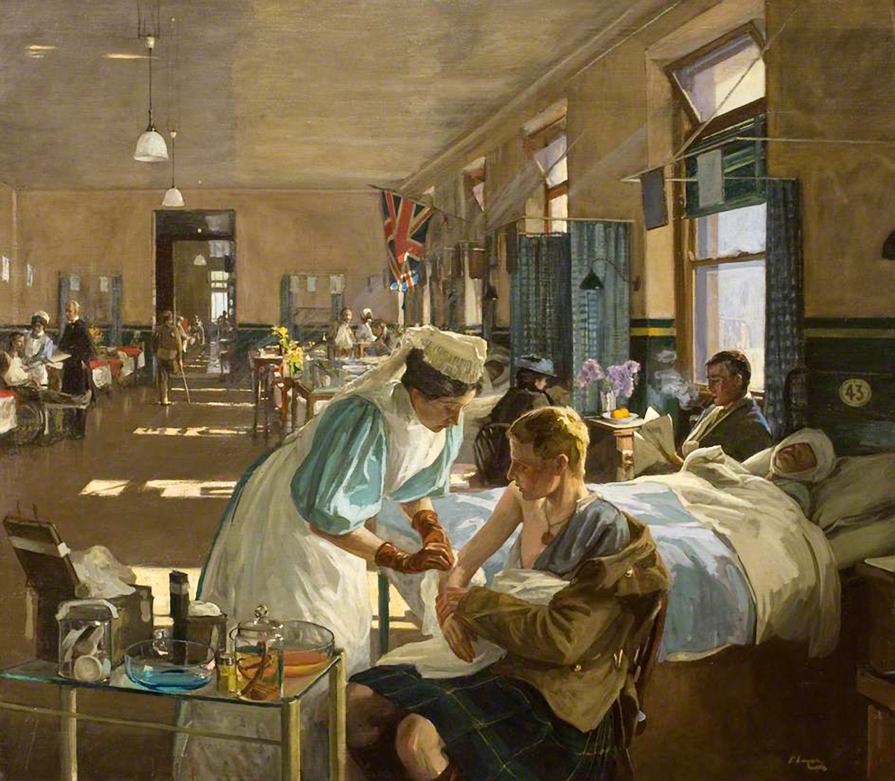 A nurse attending to a wounded soldier in a hospital room filled with other nurses and injured soldiers
