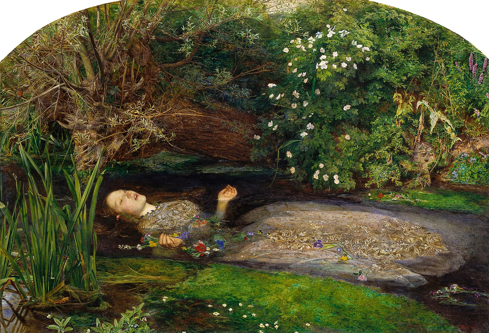 A young woman floats in a swampy body of water surrounded by flowers and greenery.