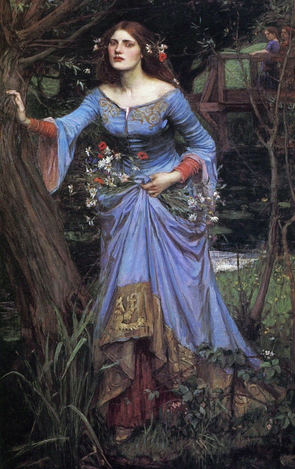 A young woman carrying a bundle of flowers holds her dress up and stands leaning against a tree while gazing towards the viewer.