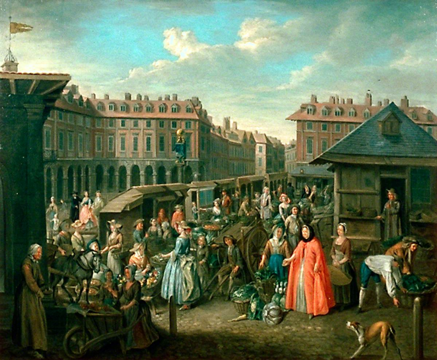 A landscape view of townspeople gathered in the streets