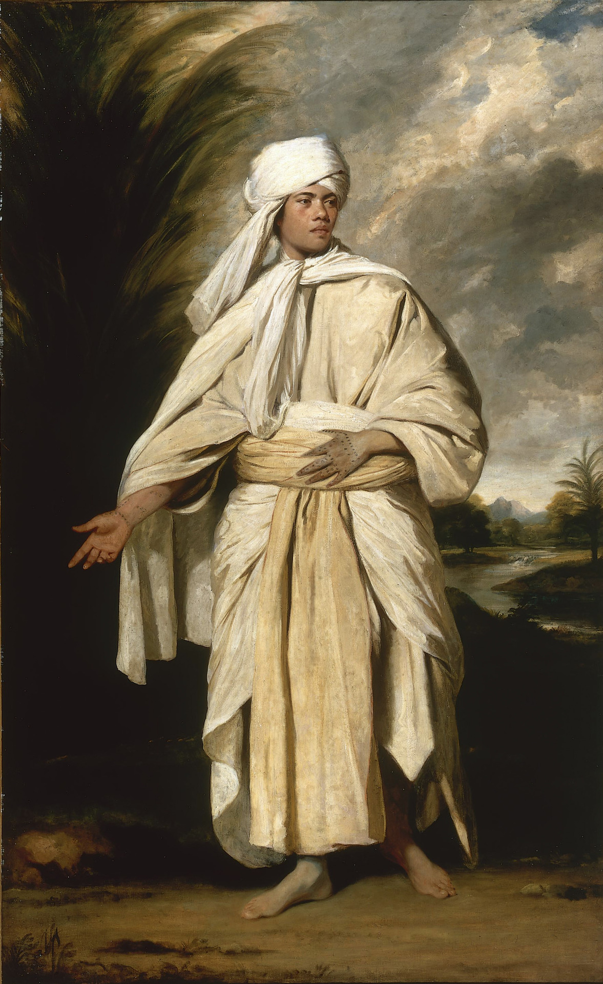 A full-body portrait of a man in a classical landscape