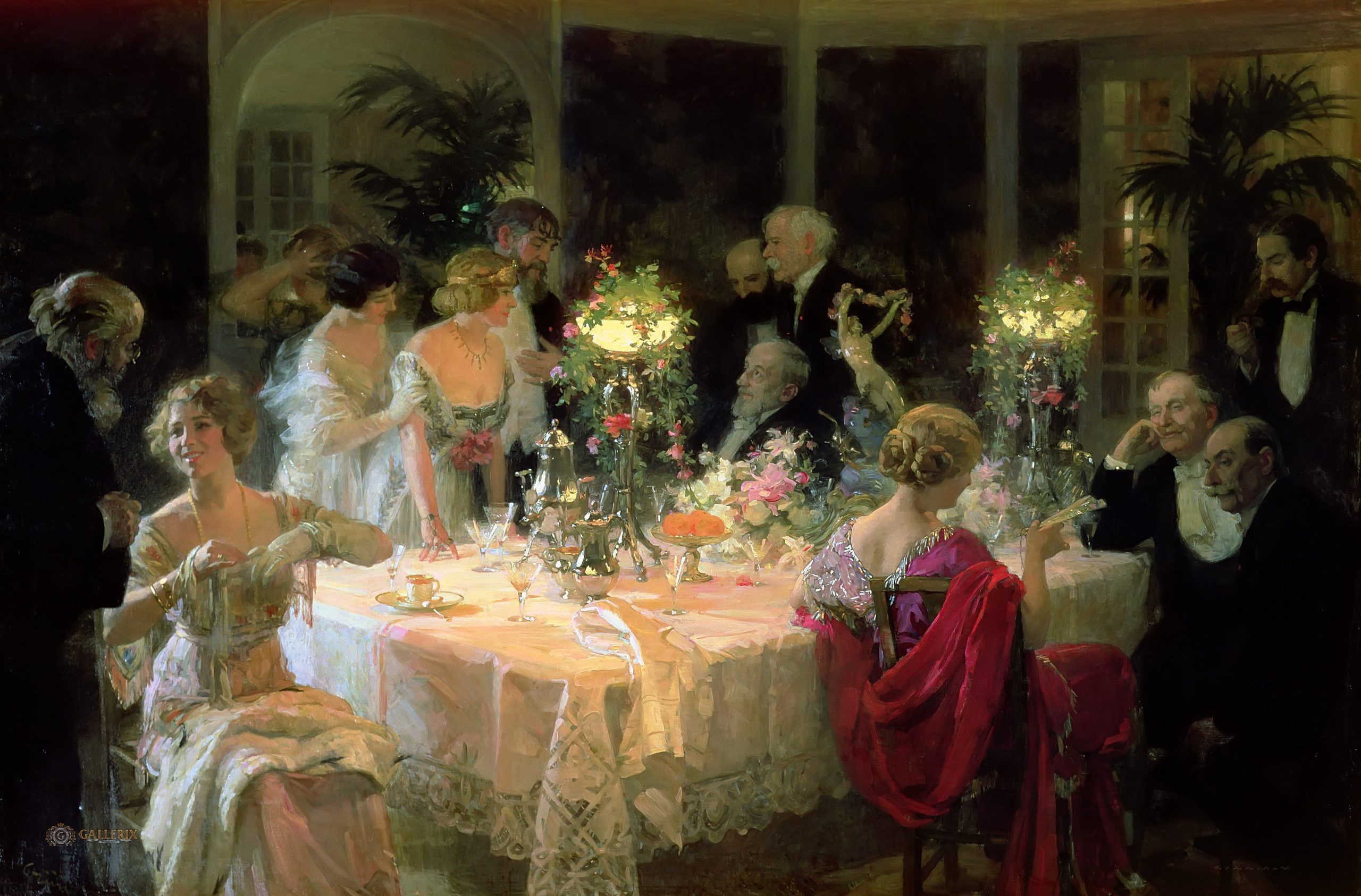 Men and women in formal attire dining indoors
