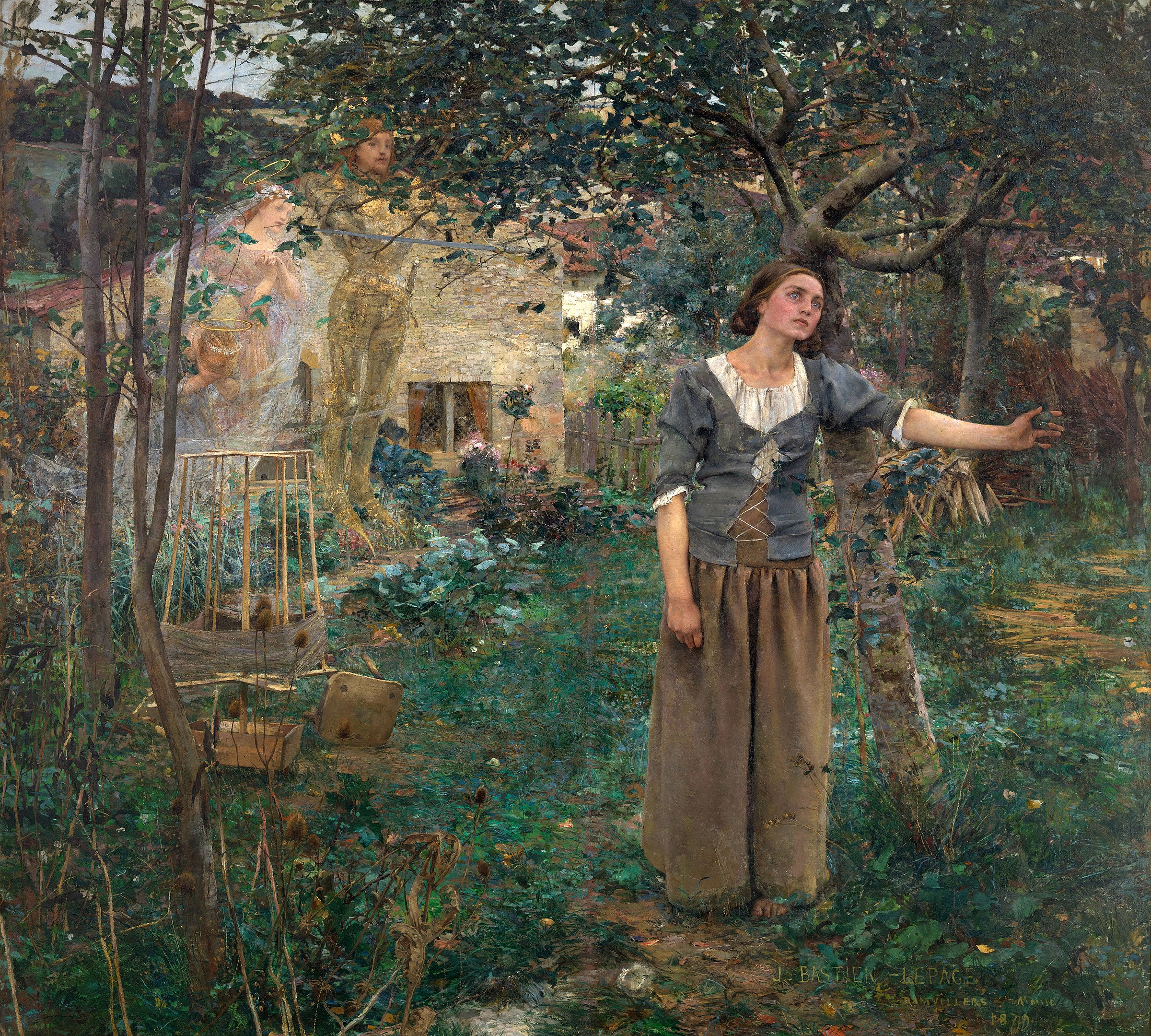 A peasant girl standing outside a small cottage in the forest staring into the distance as spirit-like figures appear behind her