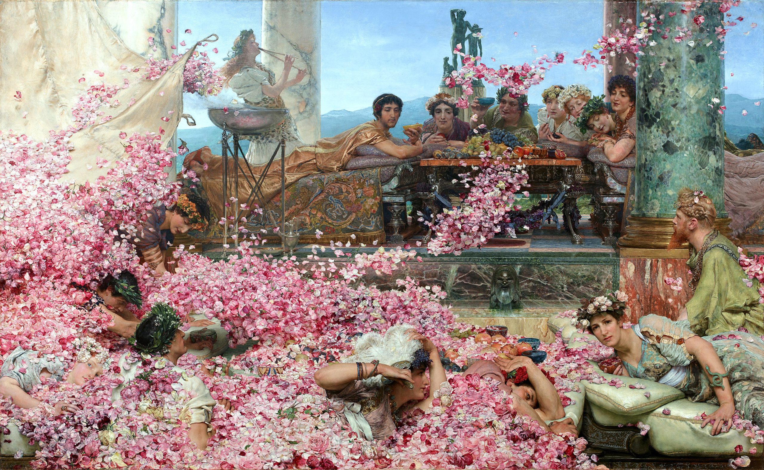 Figures relaxing in a palace filled with pink flowers