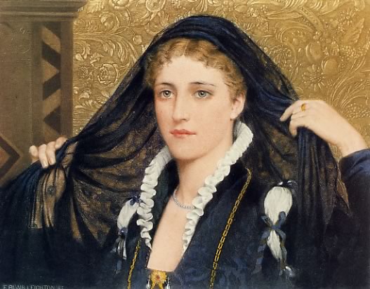 A portrait of a woman wearing a hooded robe.