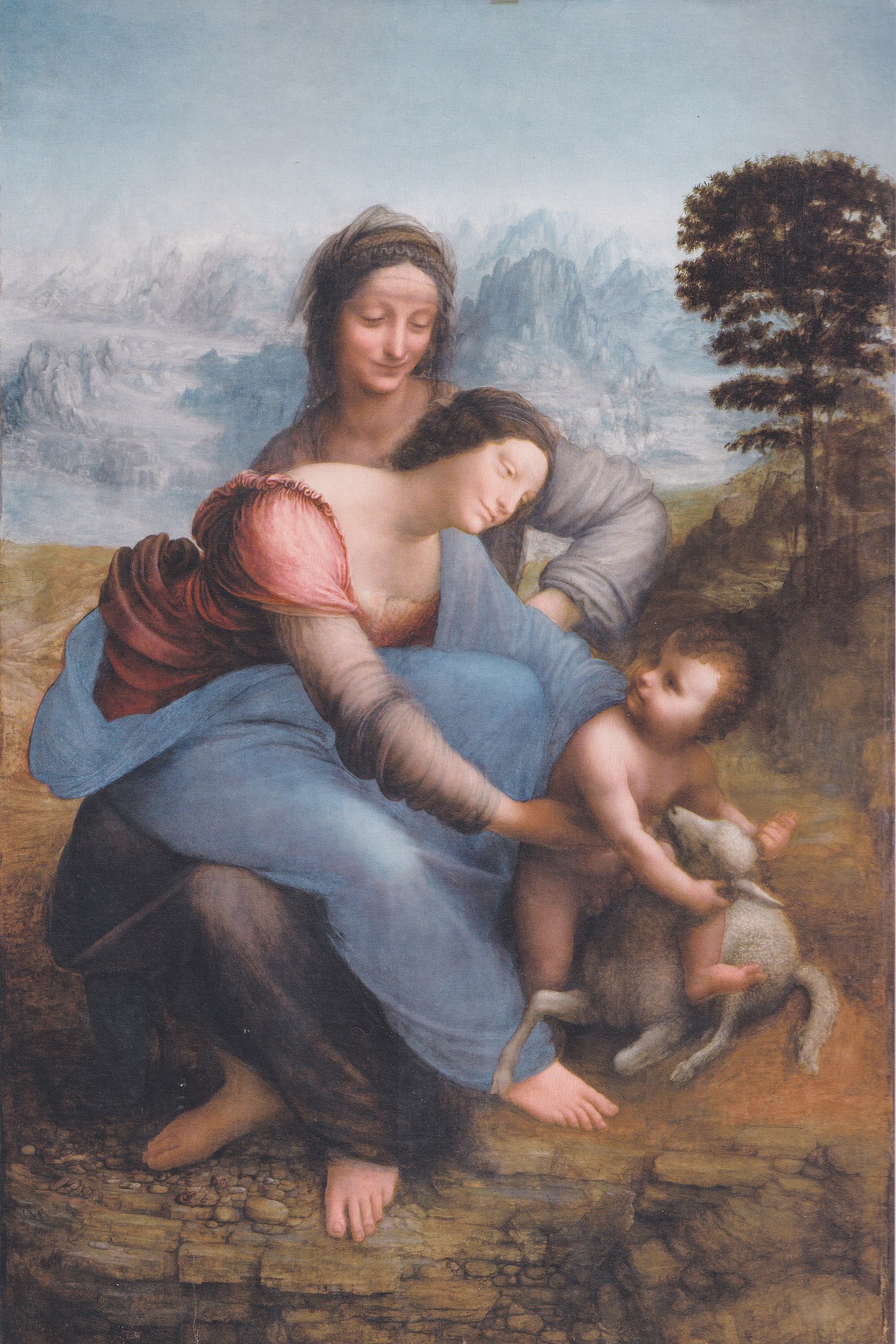 A woman extending her arms out towards an infant child playing with a lamb in a classical landscape as another woman watches them