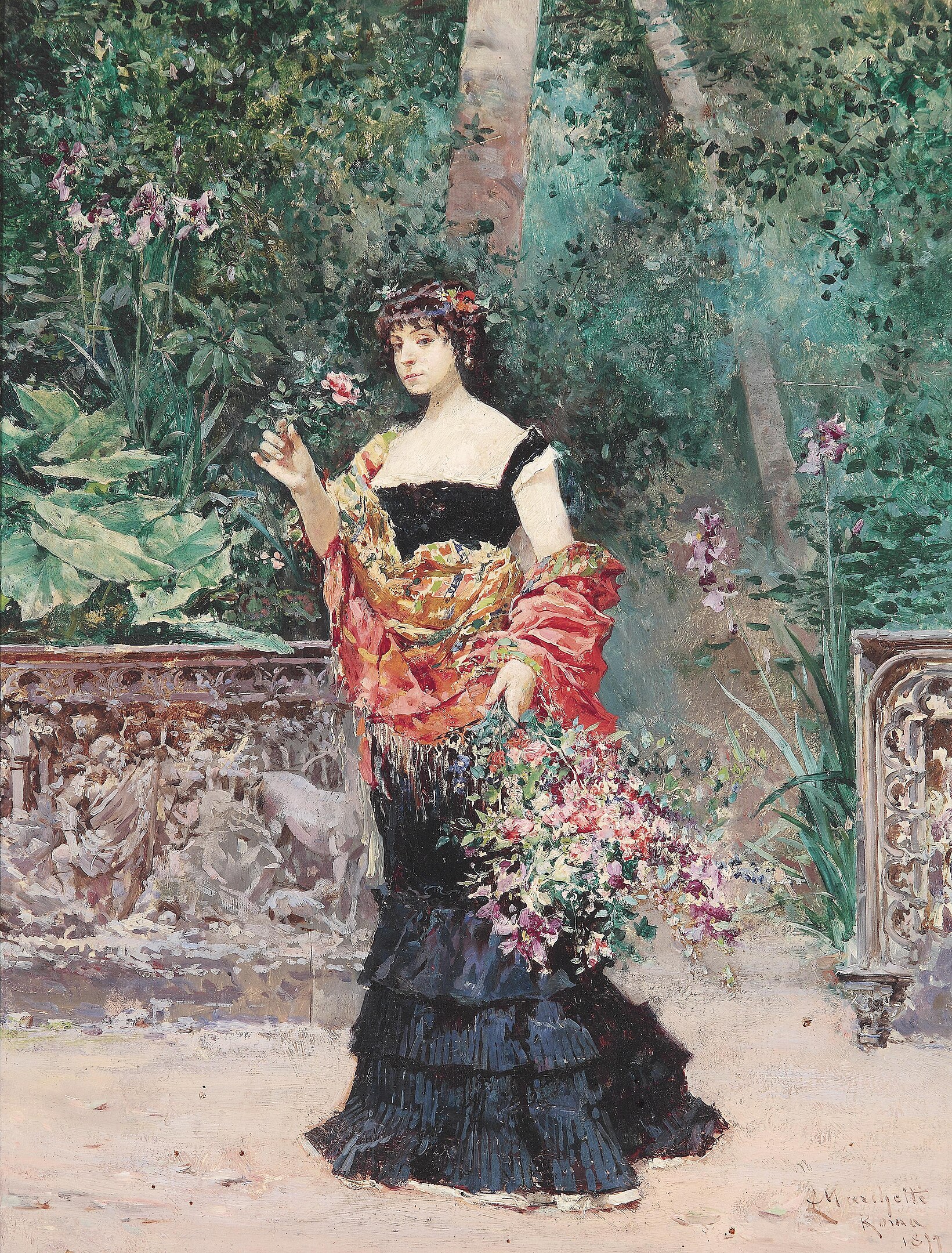 A full-body portrait of a woman in a dress holding a flower at a park