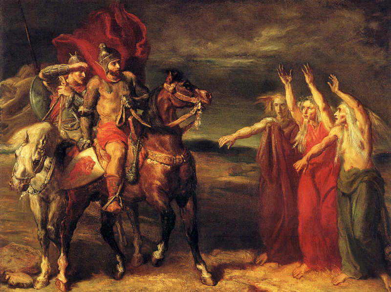 Three men on horses approach three women who raise their hands to the men against a darkened sky.