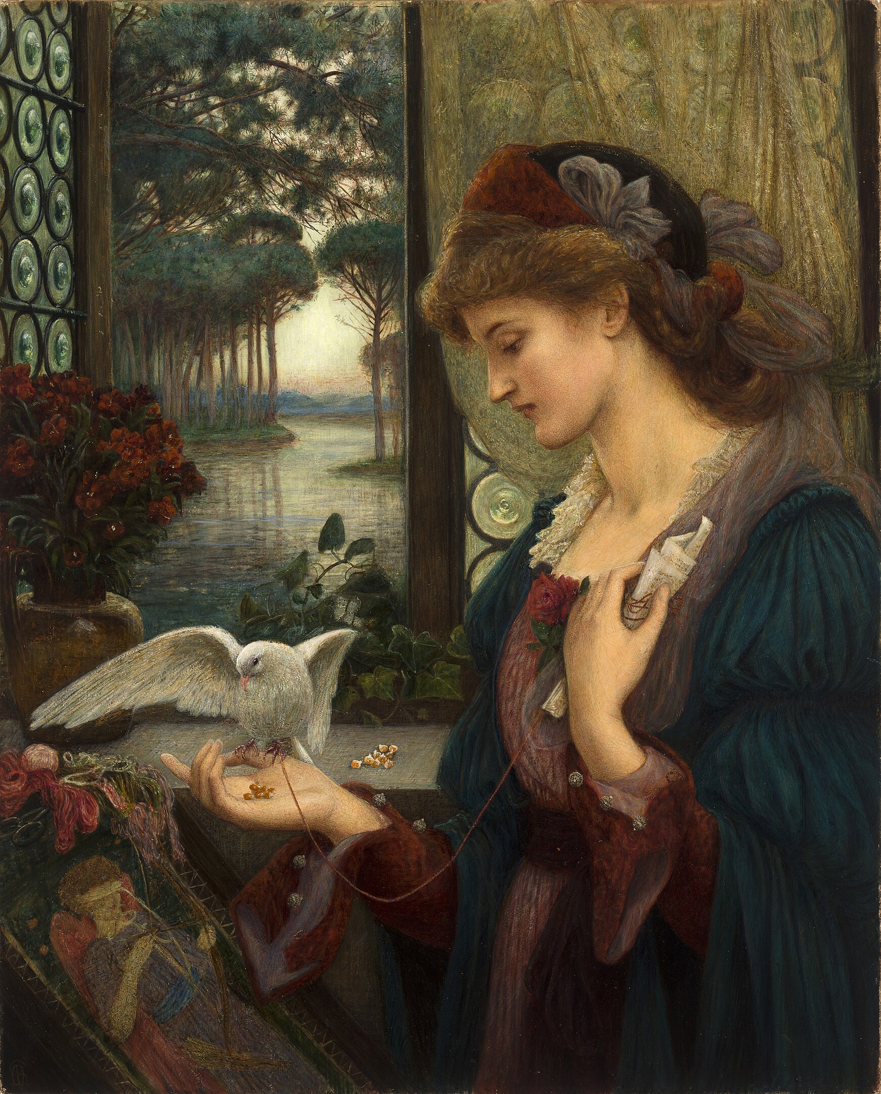 A woman beside an open window looking down at a dove perched on her thumb while holding a scroll to her chest