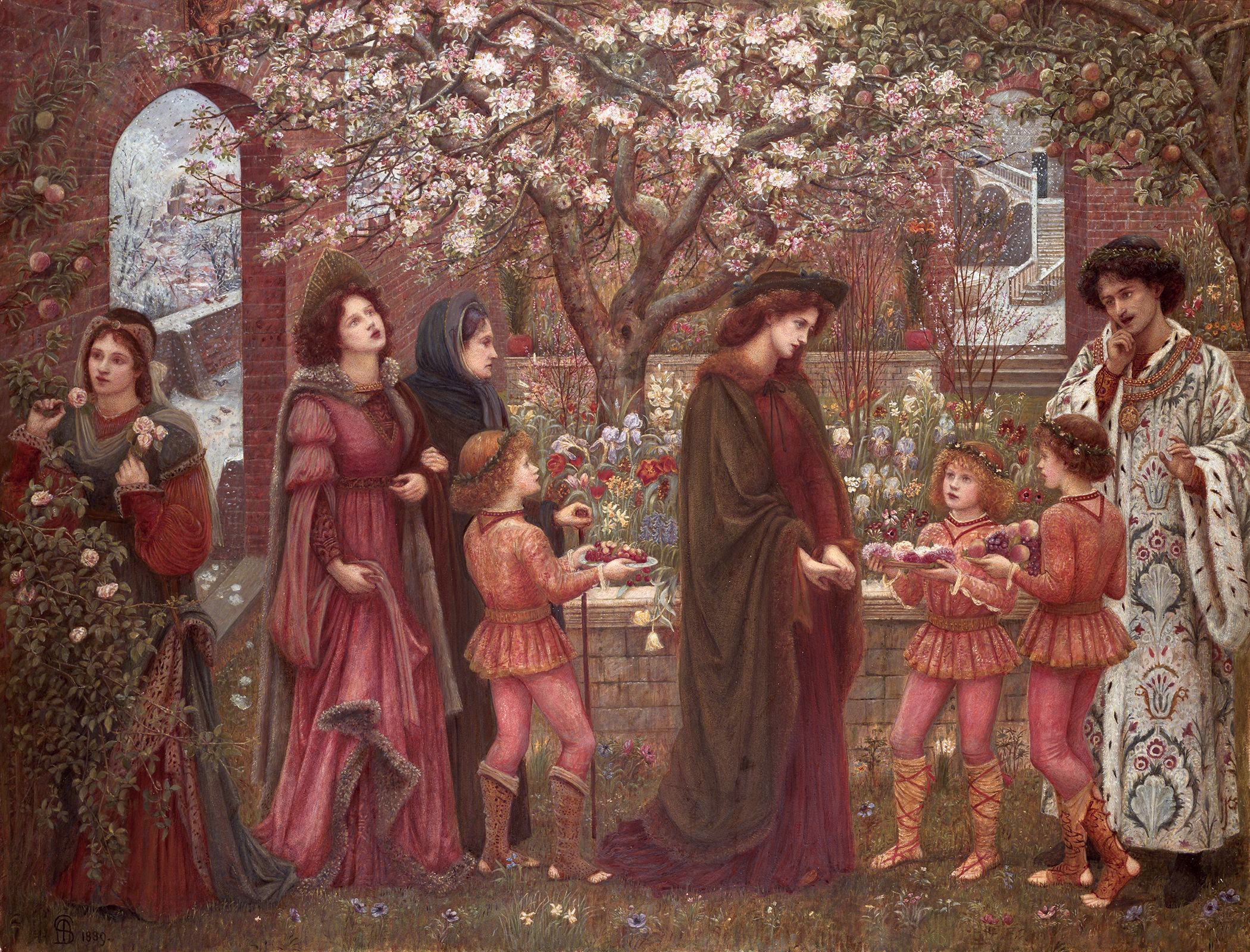 Figures gathered around a garden smelling flowers and carrying fruit platters