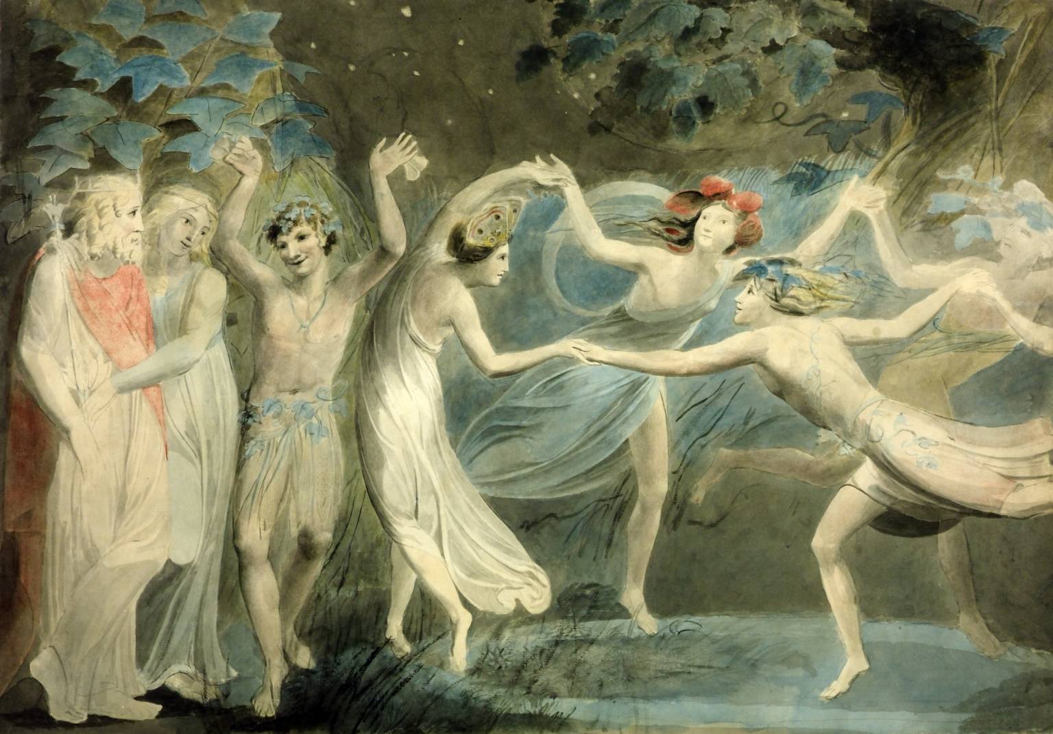A group of fairies are lit with light as they dance under the moon near a pond.