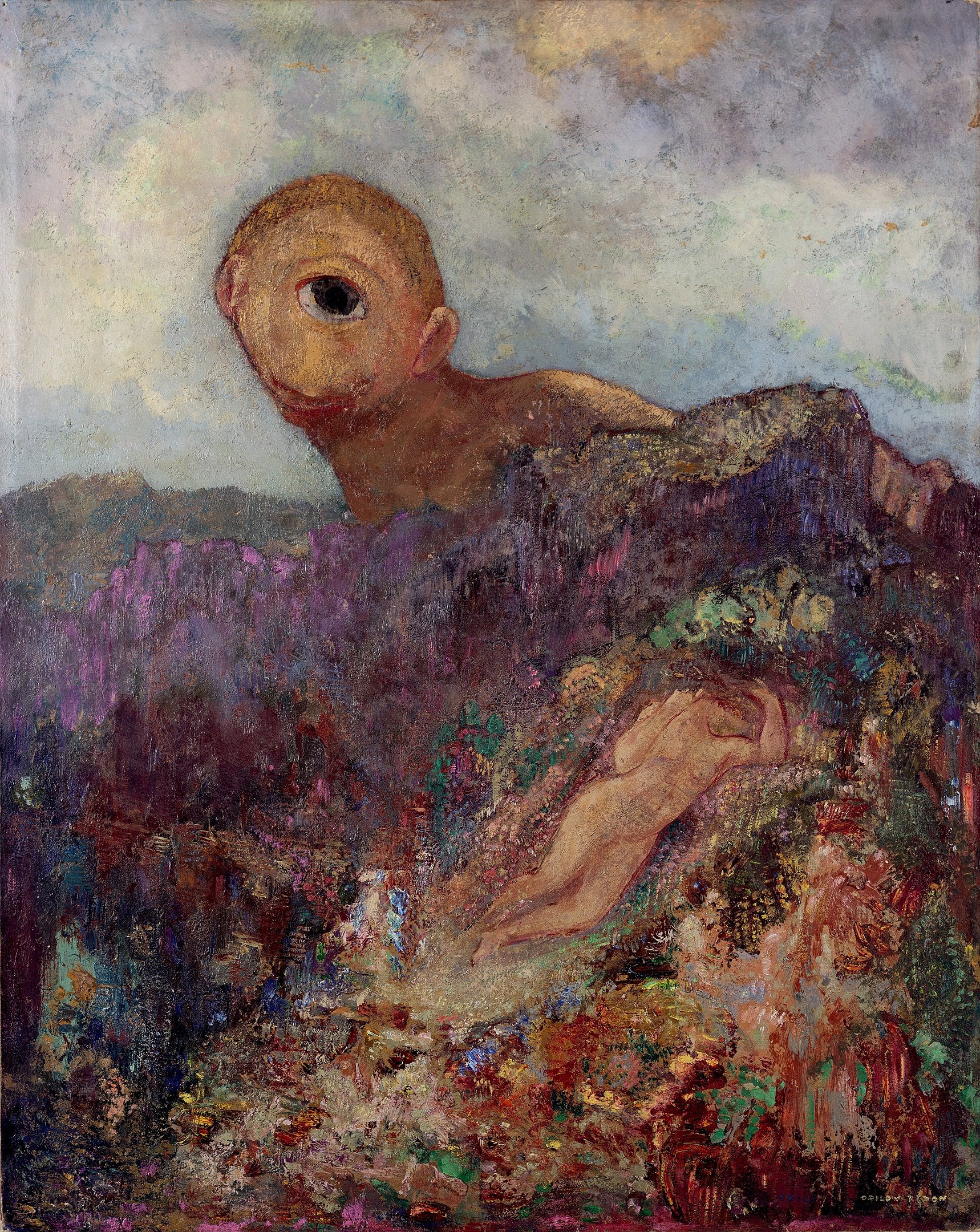 An abstract mythical creature with one eye towering above a landscape as a nude woman lays surrounded by foliage in the foreground