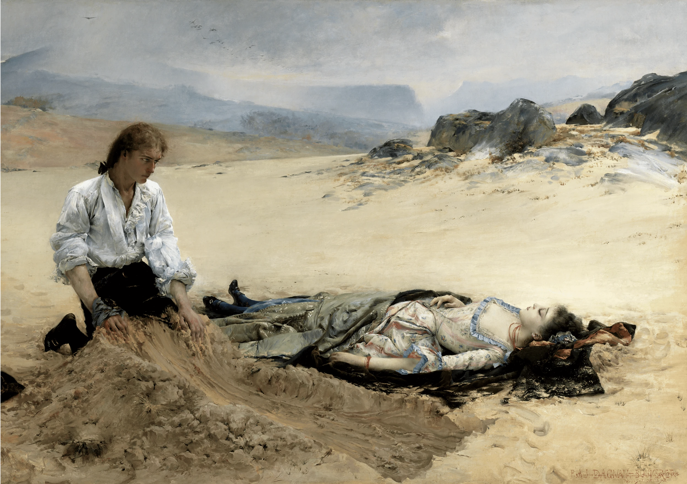 A man in the desert looking at the body of a dead woman laying at rest beside a burial pit in the ground