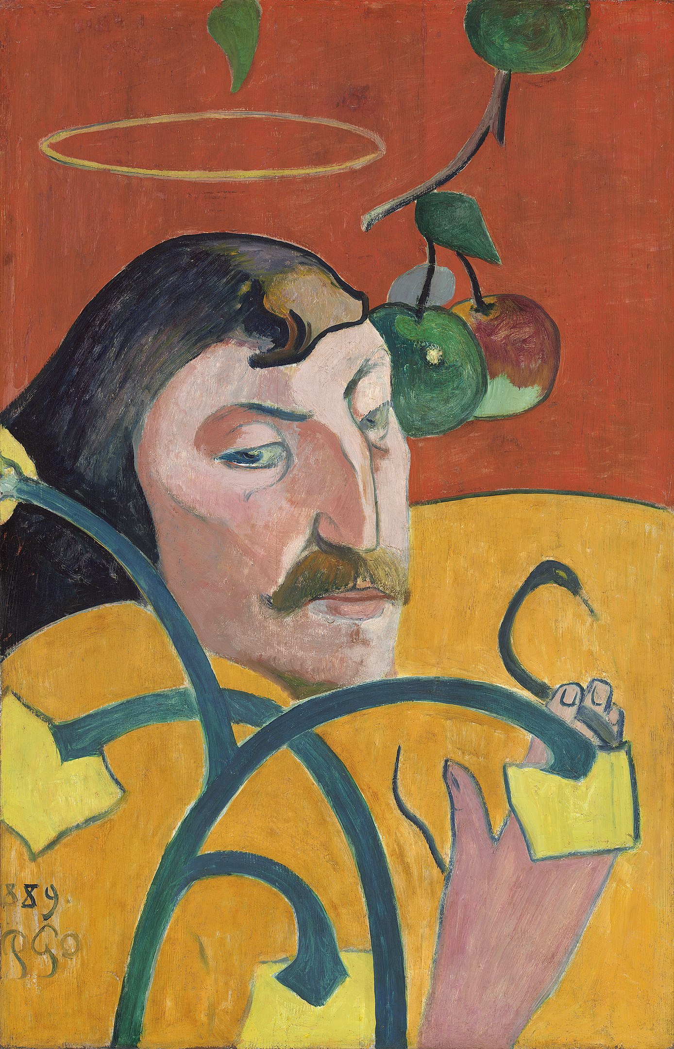 An abstract depiction of a man's head floating in a still-life landscape with fruit and flowers