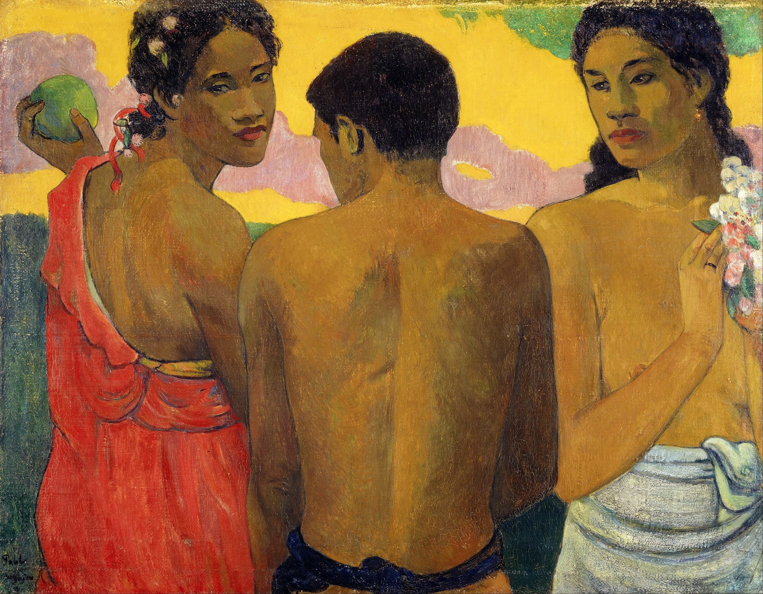 A man with his back turned towards the viewer standing between two women, one holding a fruit and the other, flowers
