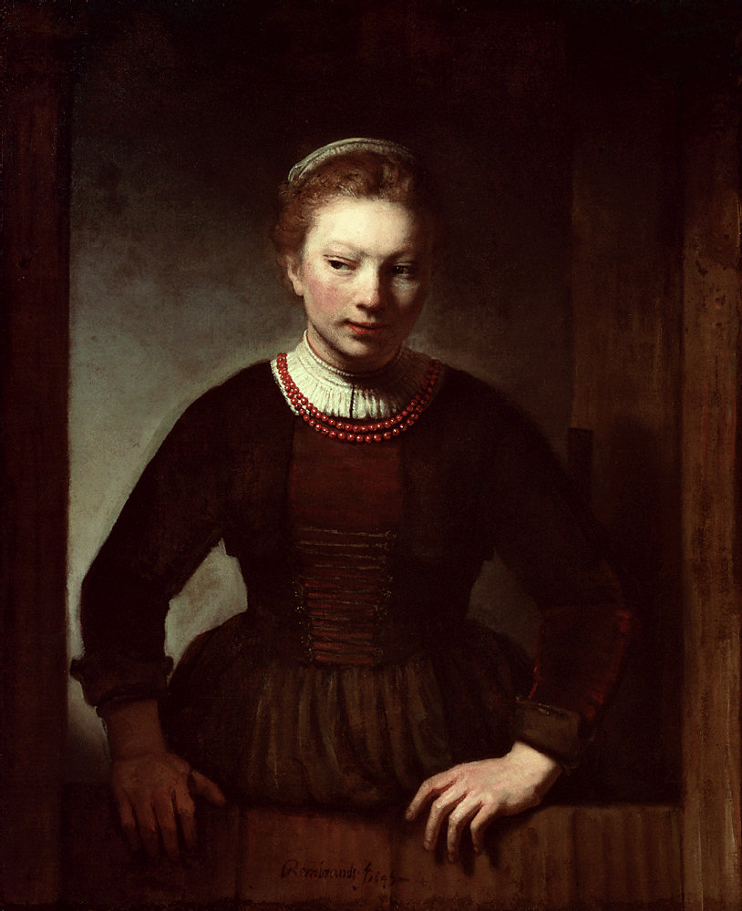 A portrait of a woman looking away behind an open half-door