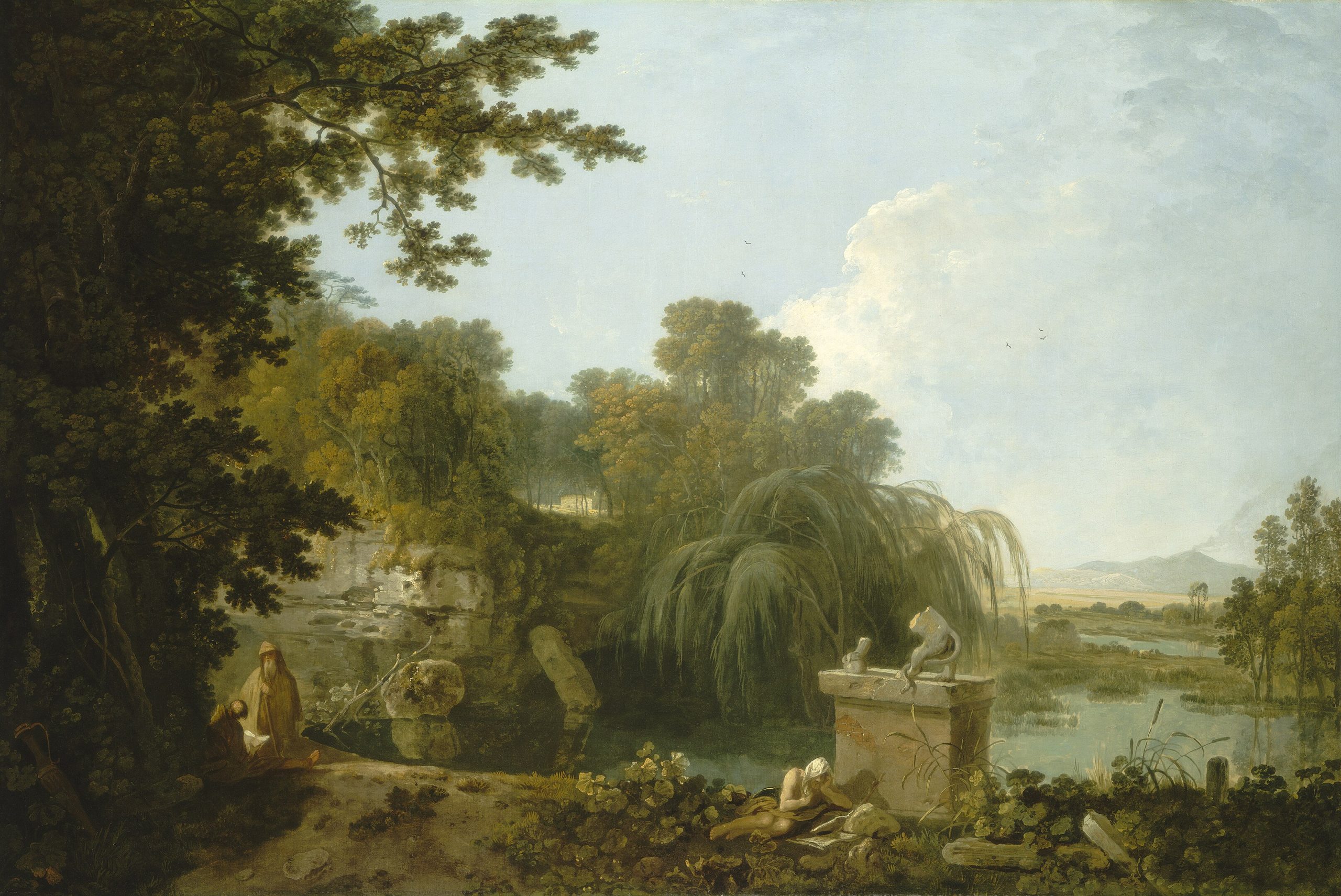 A landscape view of a forest with figures in the area