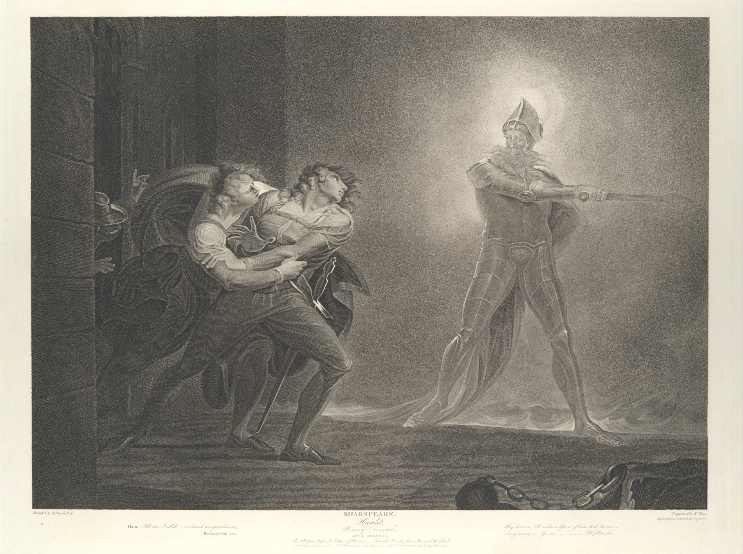 A scene depicts a fight between two men as they are met with the glowing figure of a man who stands with a spear towards them.