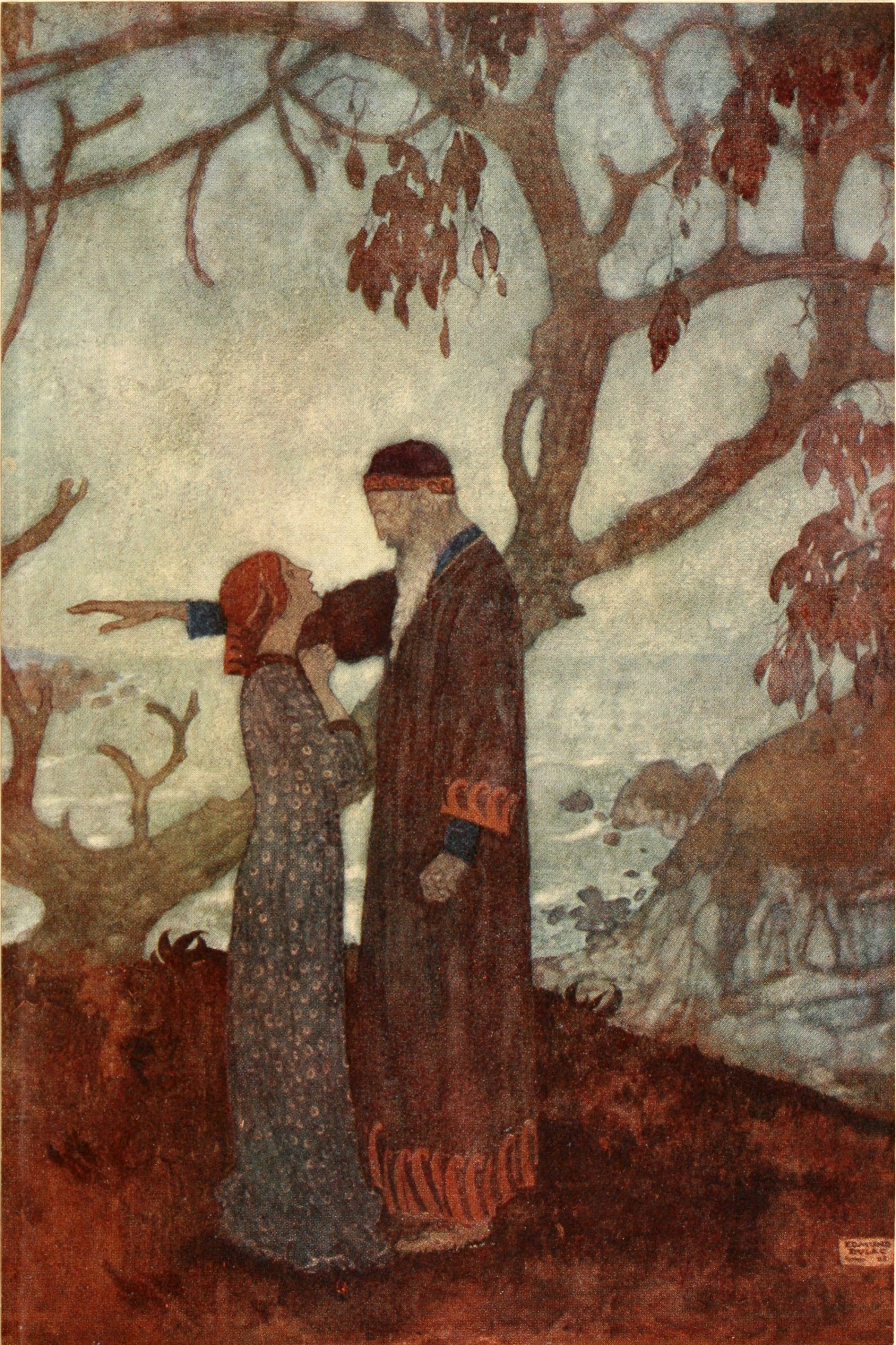 A woman stands facing a man who extends his arm past her in a gloomy forest.