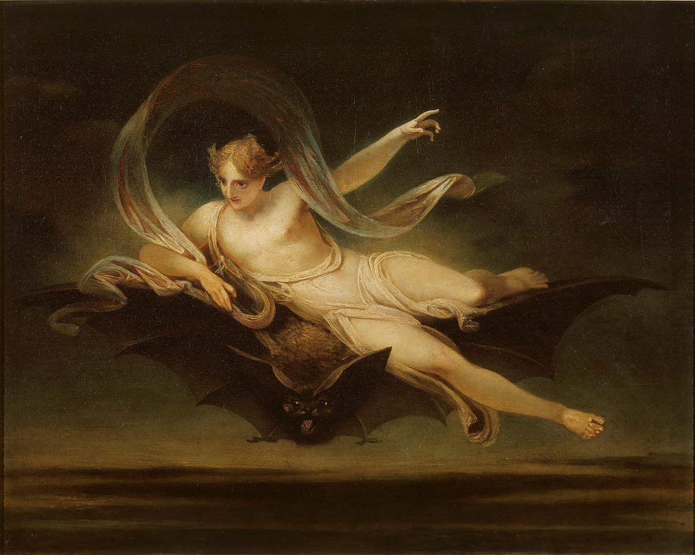 A woman flies in the night on a bat through the air.