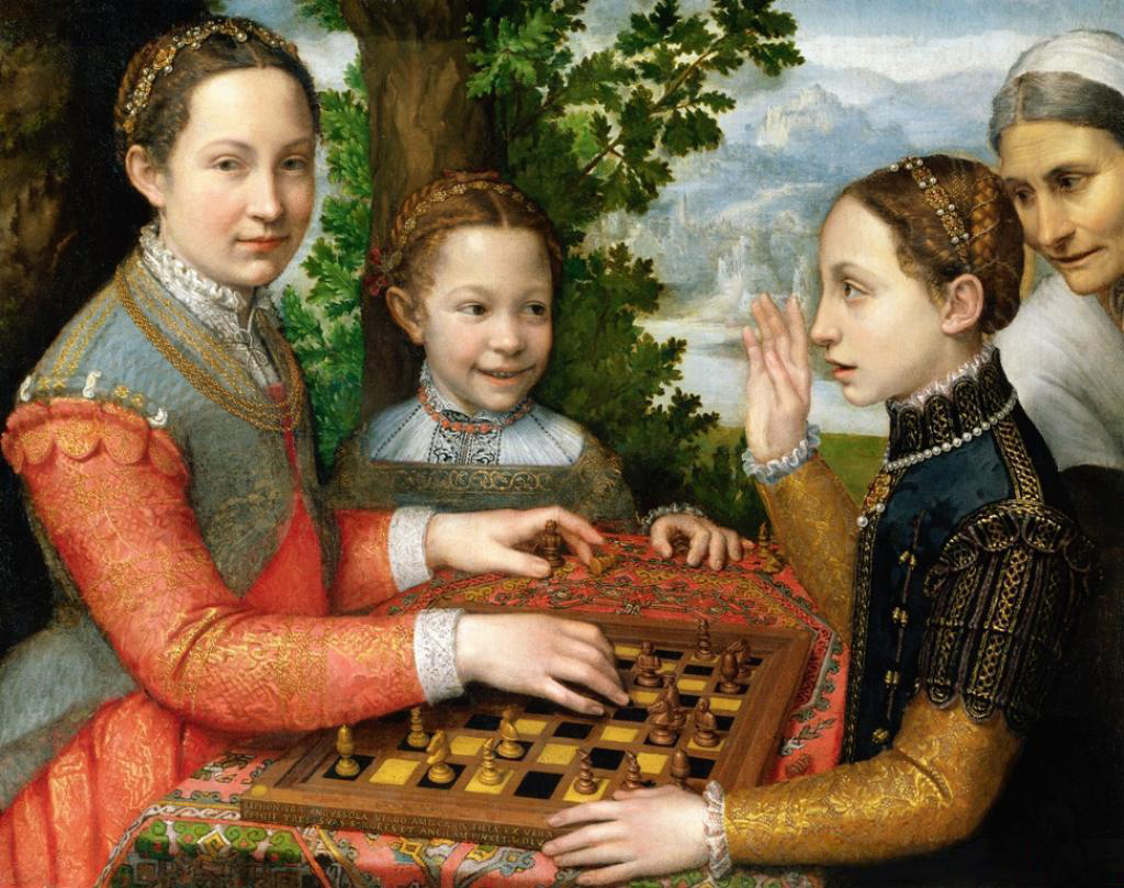 Three girls playing a game of chess outdoors with a maidservant watching nearby