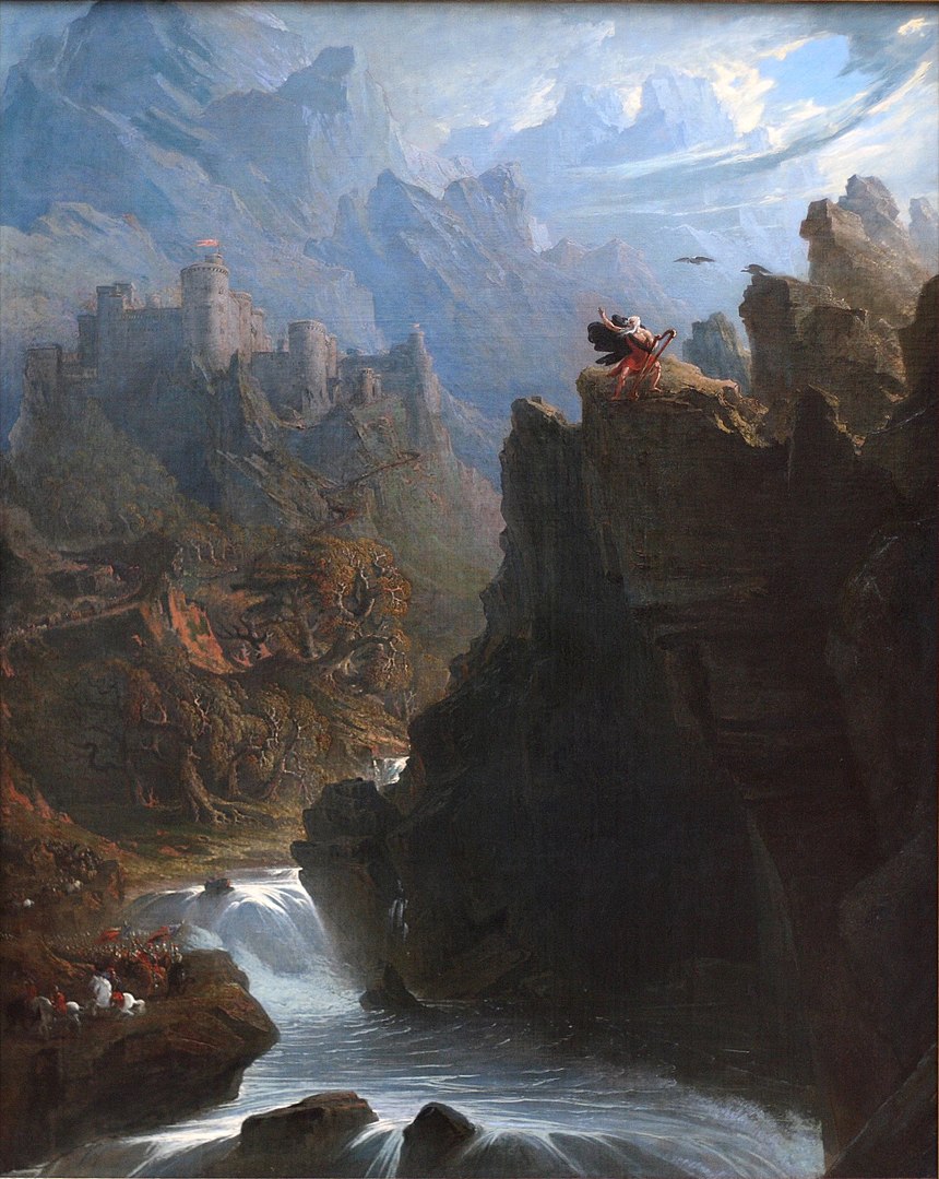 A painting depicts the scene of a mountainous landscape with large hills and cascading waters.