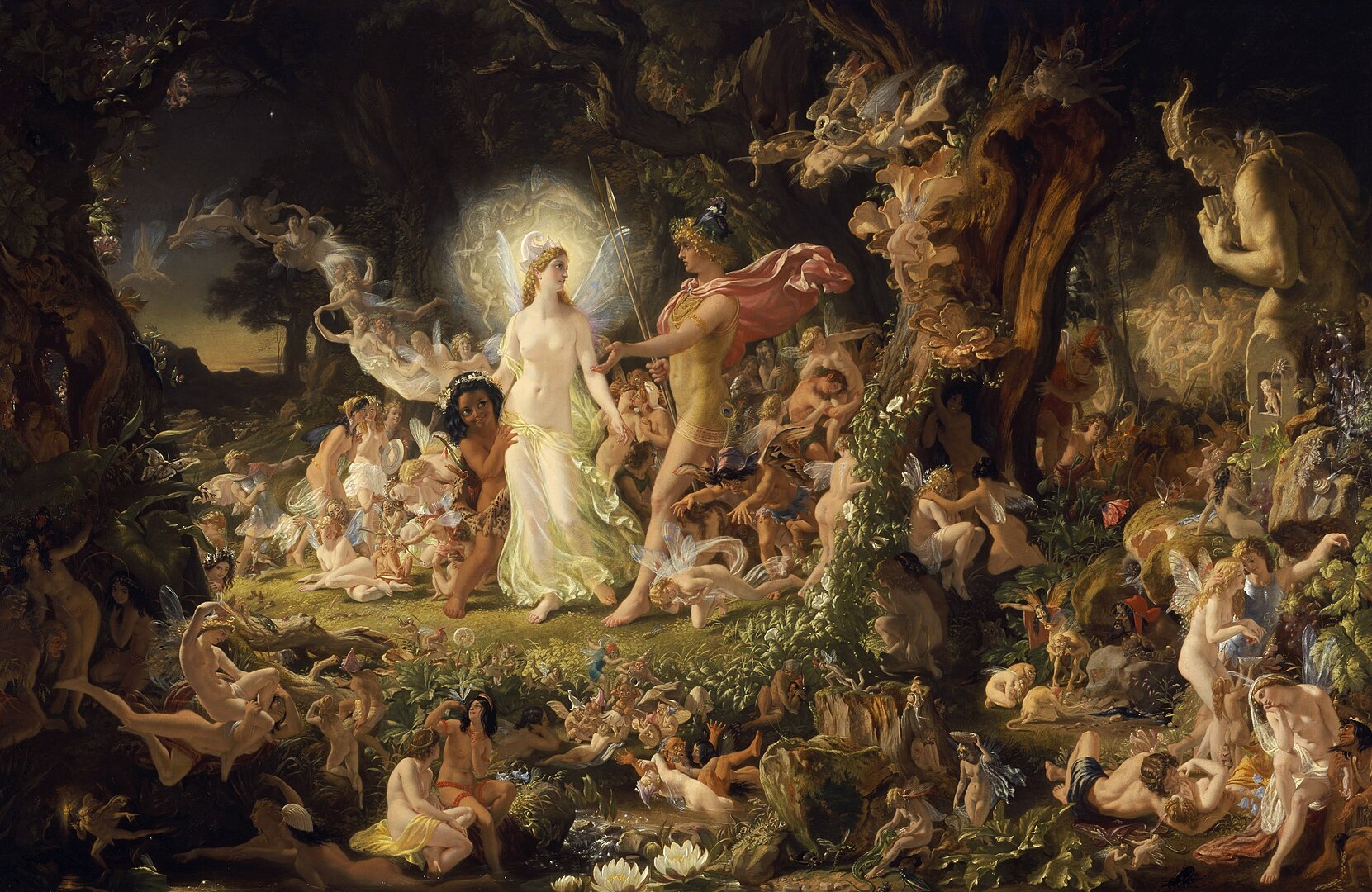 A forest scene depicts a large group of creatures who surround a lit up fairy.