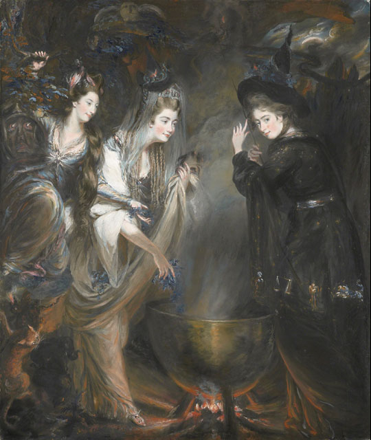 Three witches stand in a semi-circle around a steaming cauldron.