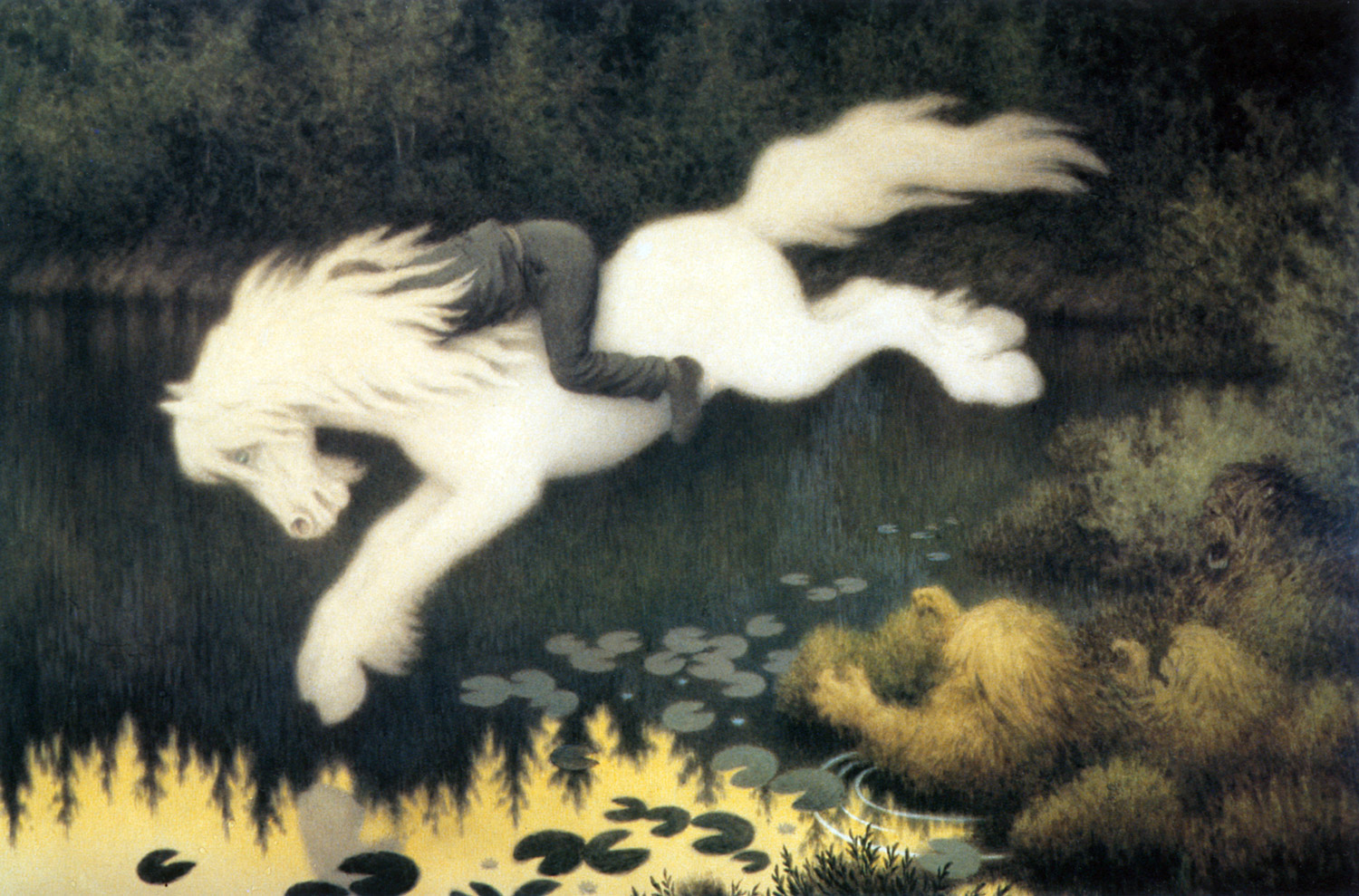 A boy on a horse galloping over a pond in a forest
